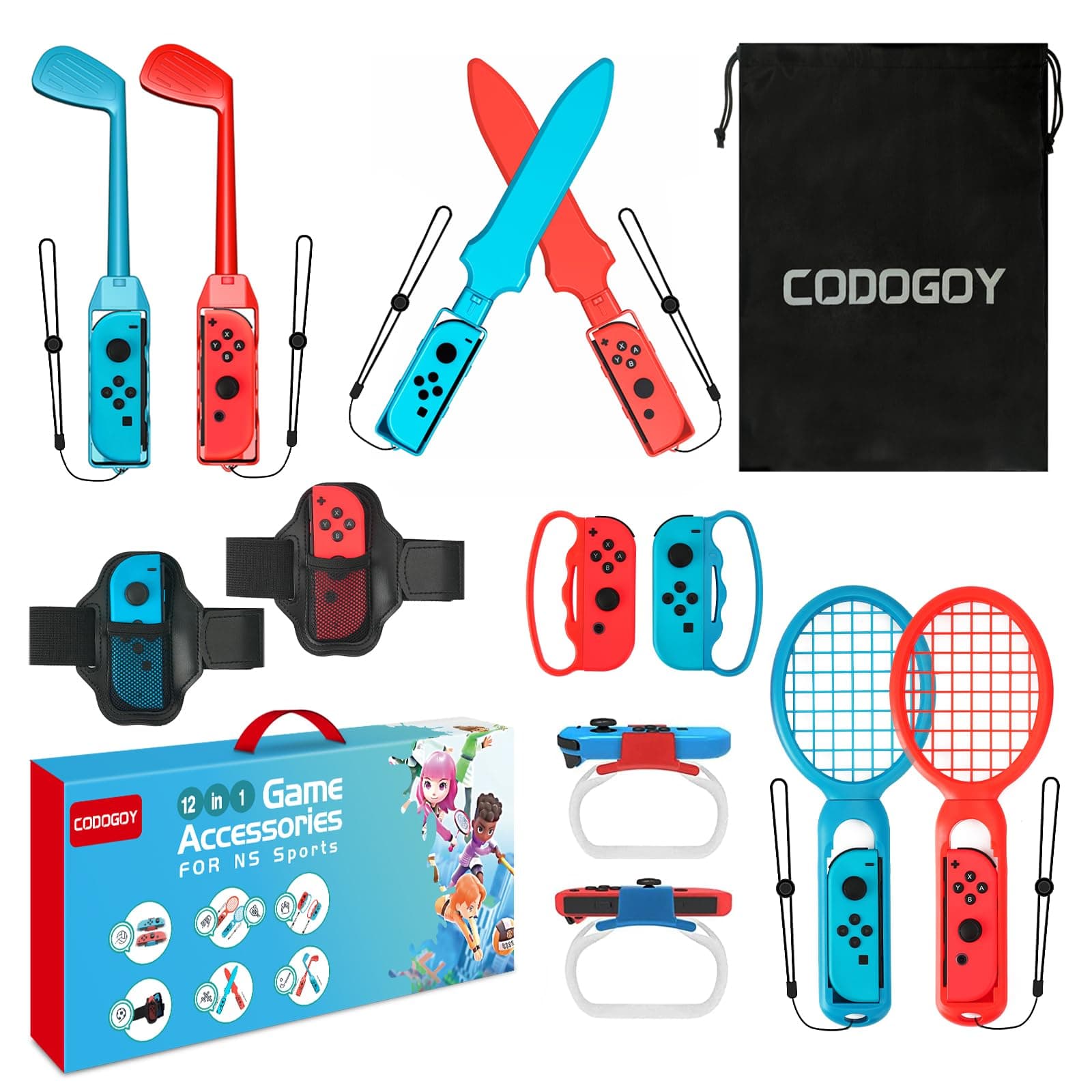 CODOGOY 12-in-1 Switch Sports Accessories Bundle for Switch 1/OLED - Complete Family Sports Kit with Storage Bag, Bowling Grips & 2 Player Support for Nintendo Switch Sports Games, Switch 1 Only