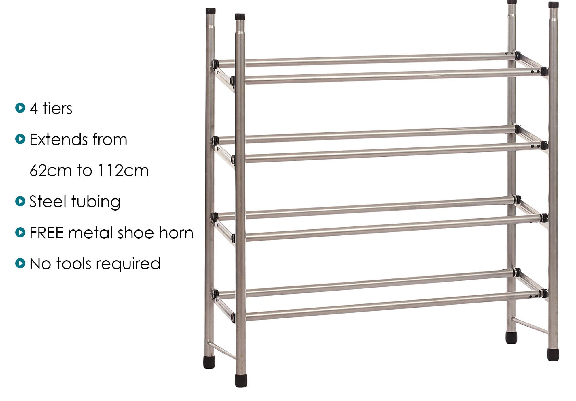 Solo 30 4 tier extendable metal shoe rack storage organiser (extends from 62cm to 112cm) with FREE shoe horn