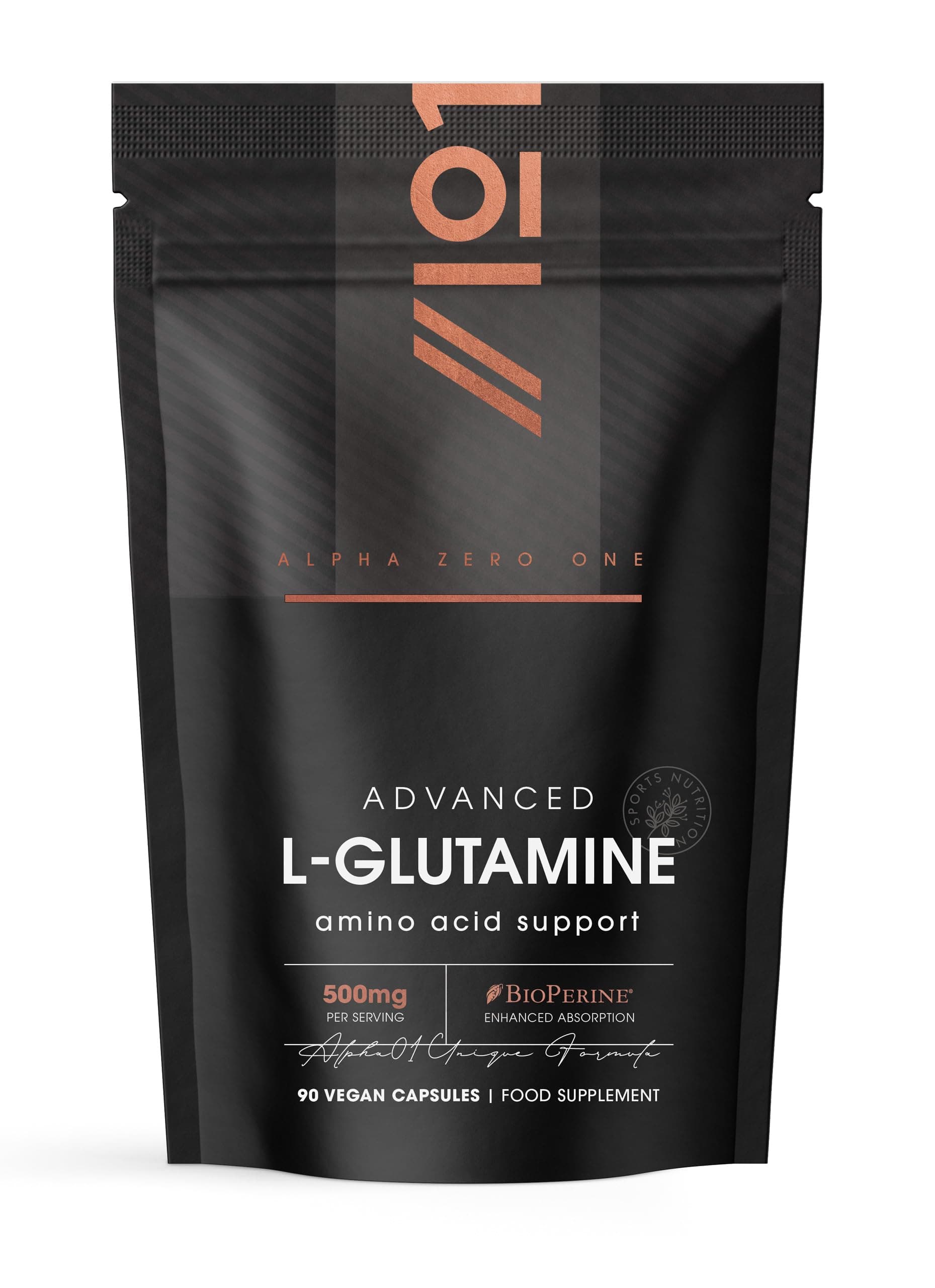 L-Glutamine 500mg with BioPerine® – 90 Vegan Capsules – Fermented Amino Acid Supplement - Resealable and Recyclable Pouch by Alpha01