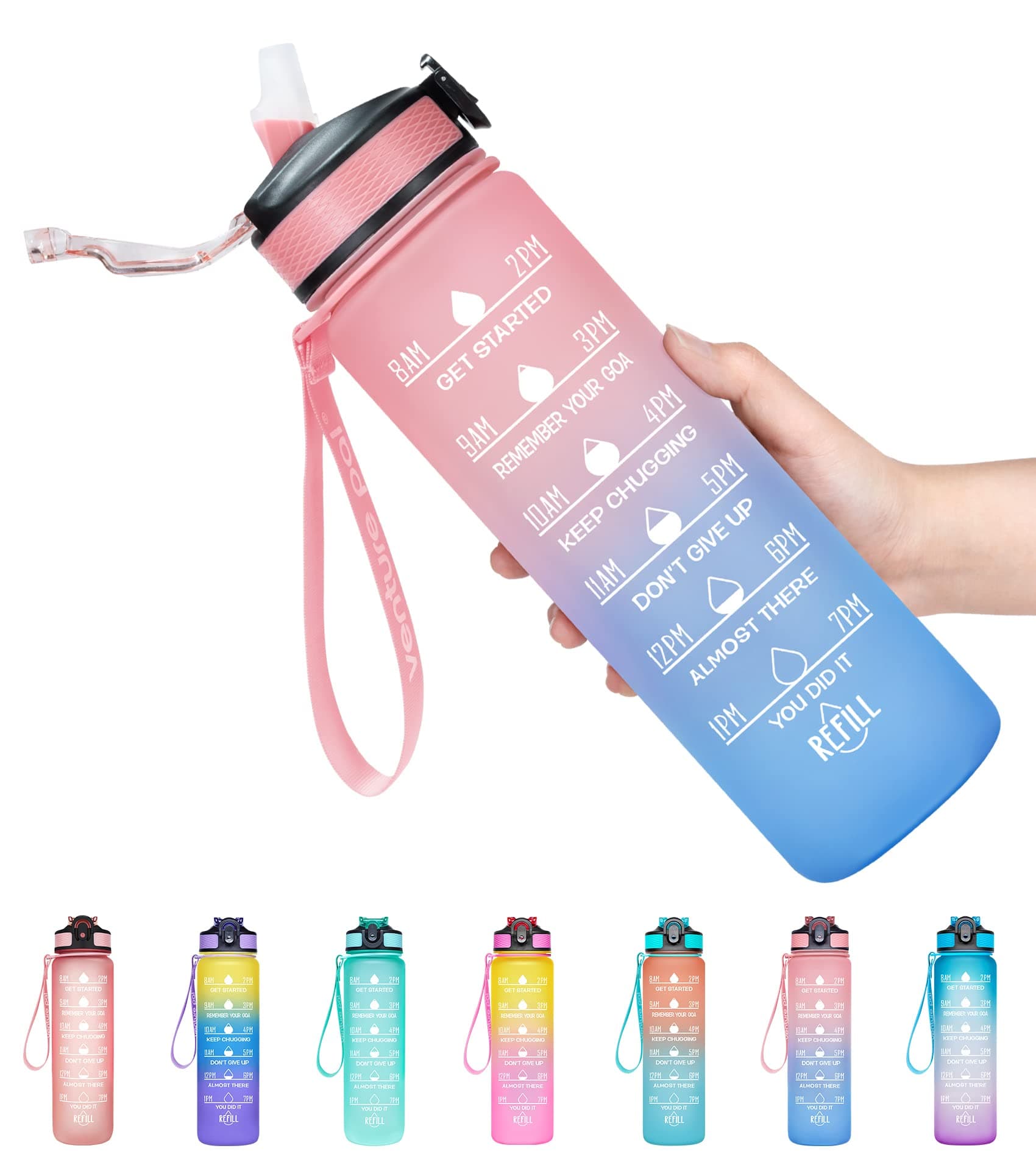 Venture Pal Water Bottle With Straw, 32 Oz Water Bottles With Times To Drink,Motivational Water Bottle With Time Marker To Inspire You Drink More Water (Plastic, Pack Of 1, Pink Blue), 32 fluid_ounce