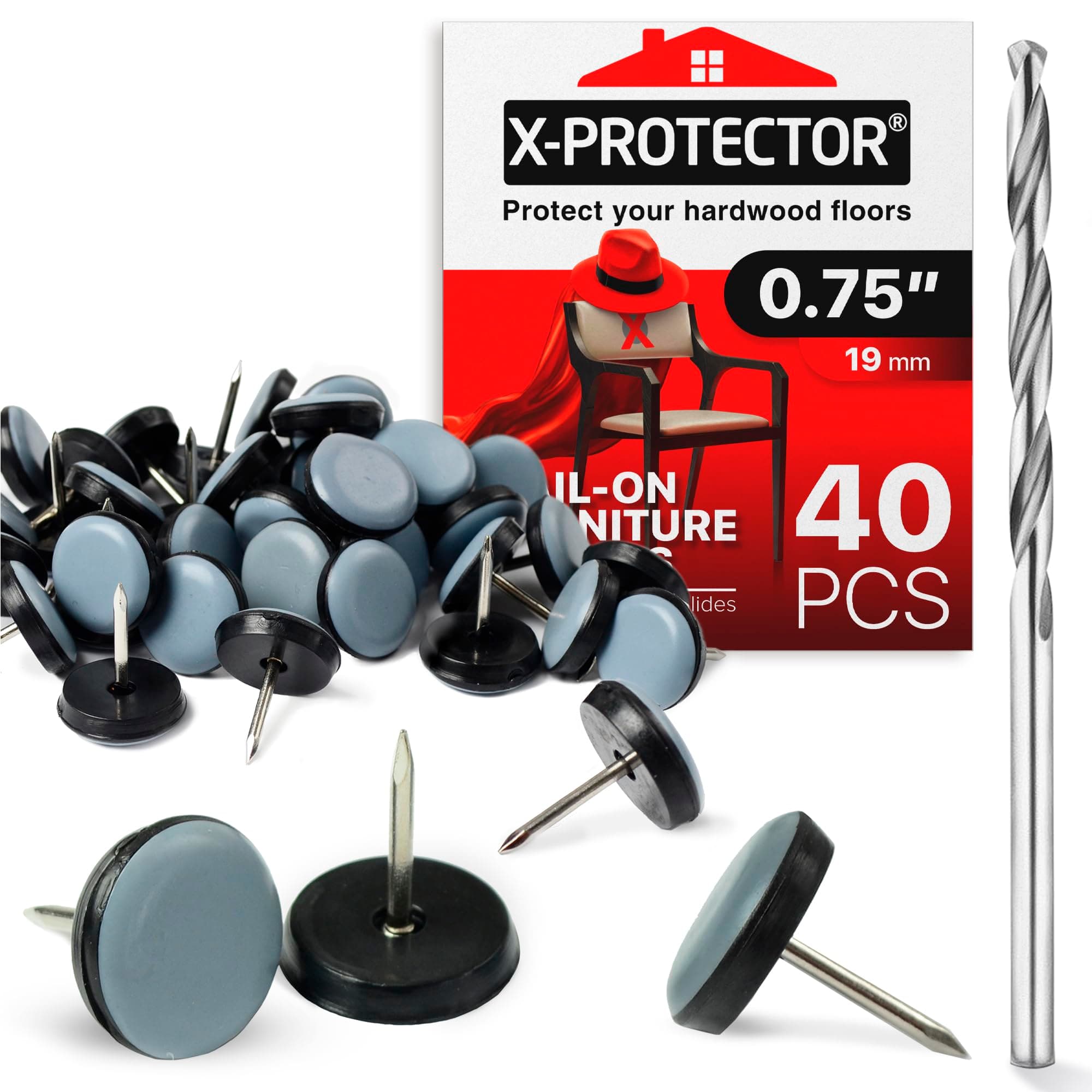 Chair Glides X-PROTECTOR – 0.75" Furniture Glides 40 pcs – Grey Nail-on Chair Sliders – Premium Chair Leg Floor Protectors – Slide Effortlessly with Leg Pads That Protect Your Floor!