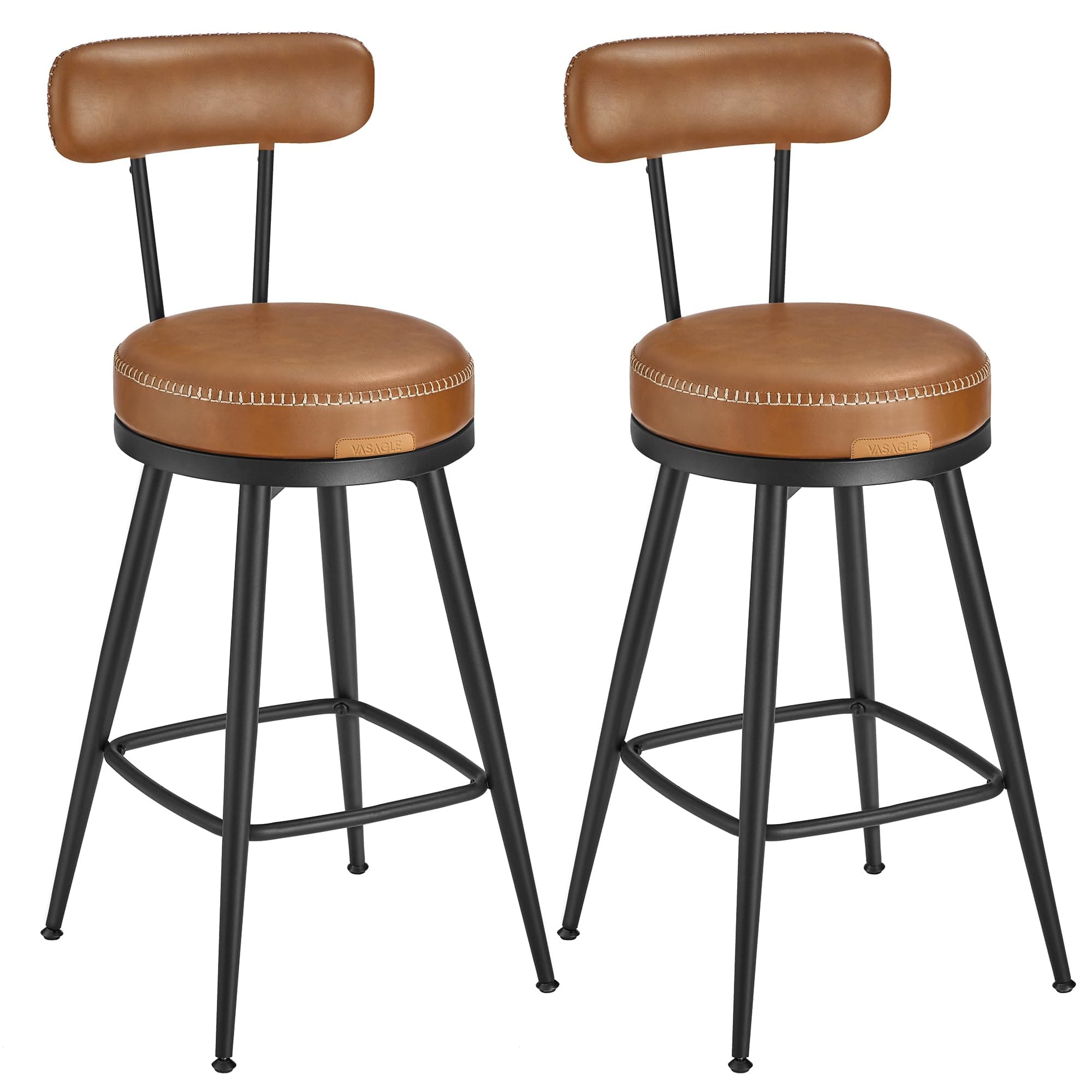VASAGLE EKHO Collection - 360?Swivel Bar Stools Set of 2, Counter Chairs with Backs, Synthetic Leather with Stitching, Mid-Century Modern, 65 cm Tall, Kitchen Home Bar, Caramel Brown LBC089K88
