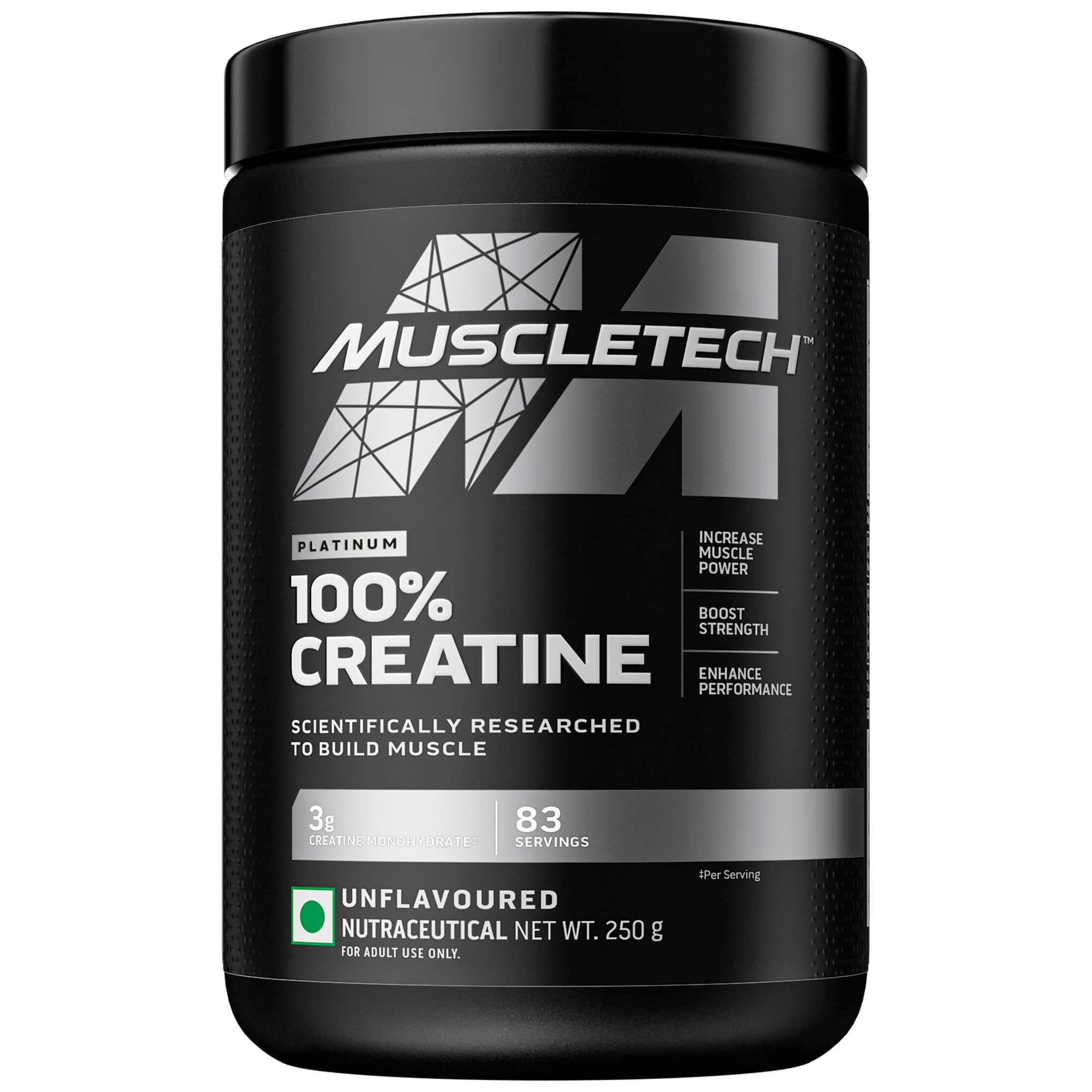 MuscleTech Platinum Creatine Monohydrate Powder | 3 g Creatine Per Serving | Supports Strength, Power & Muscle Recovery | Unflavoured | 83 Servings (250 g)
