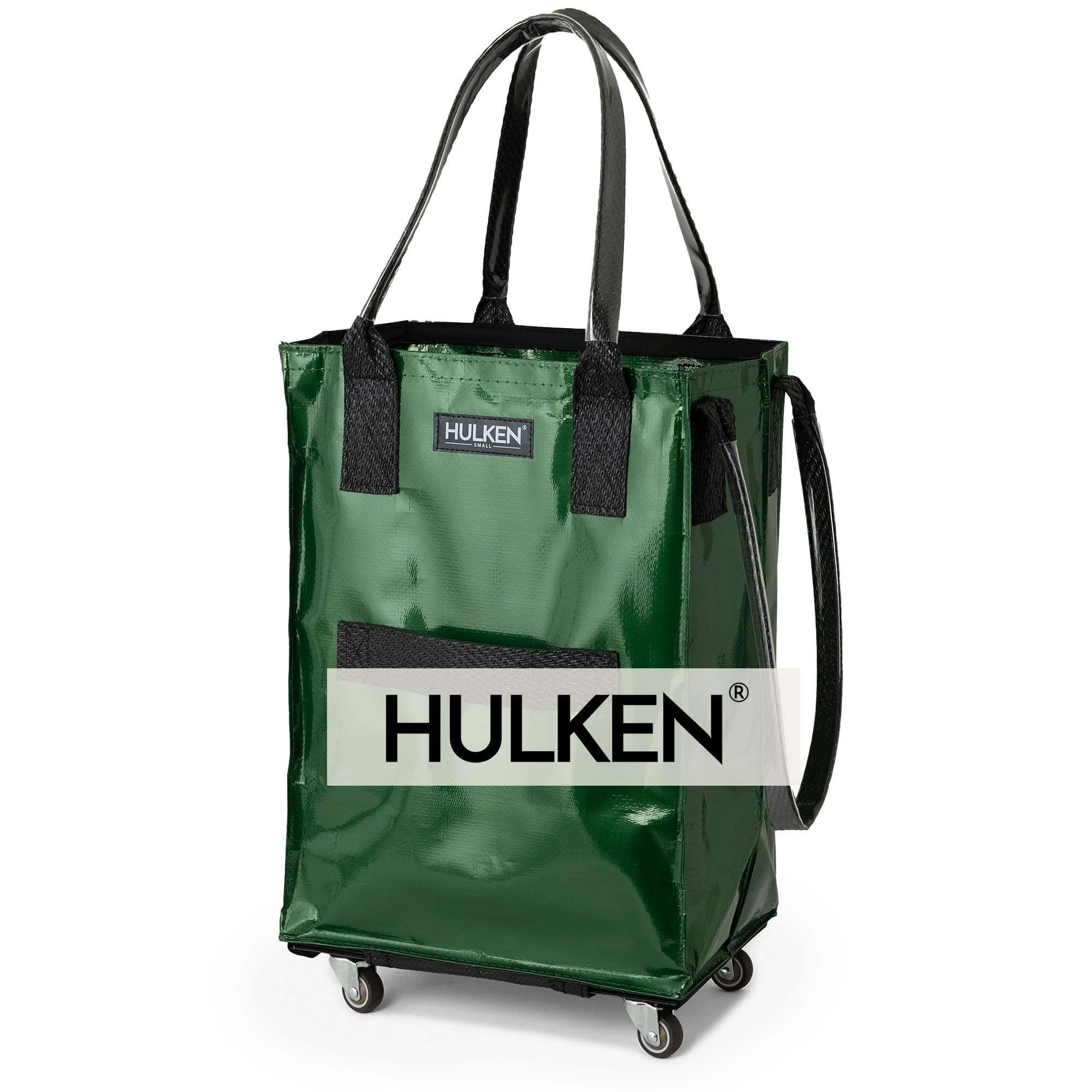 HULKEN (Small, Forest Green) Reusable Grocery Bag On Wheels, Shopping Trolley, Rolling Tote, Zipper Closure, Lightweight, Carries Up to 33 lb, Folds Flat