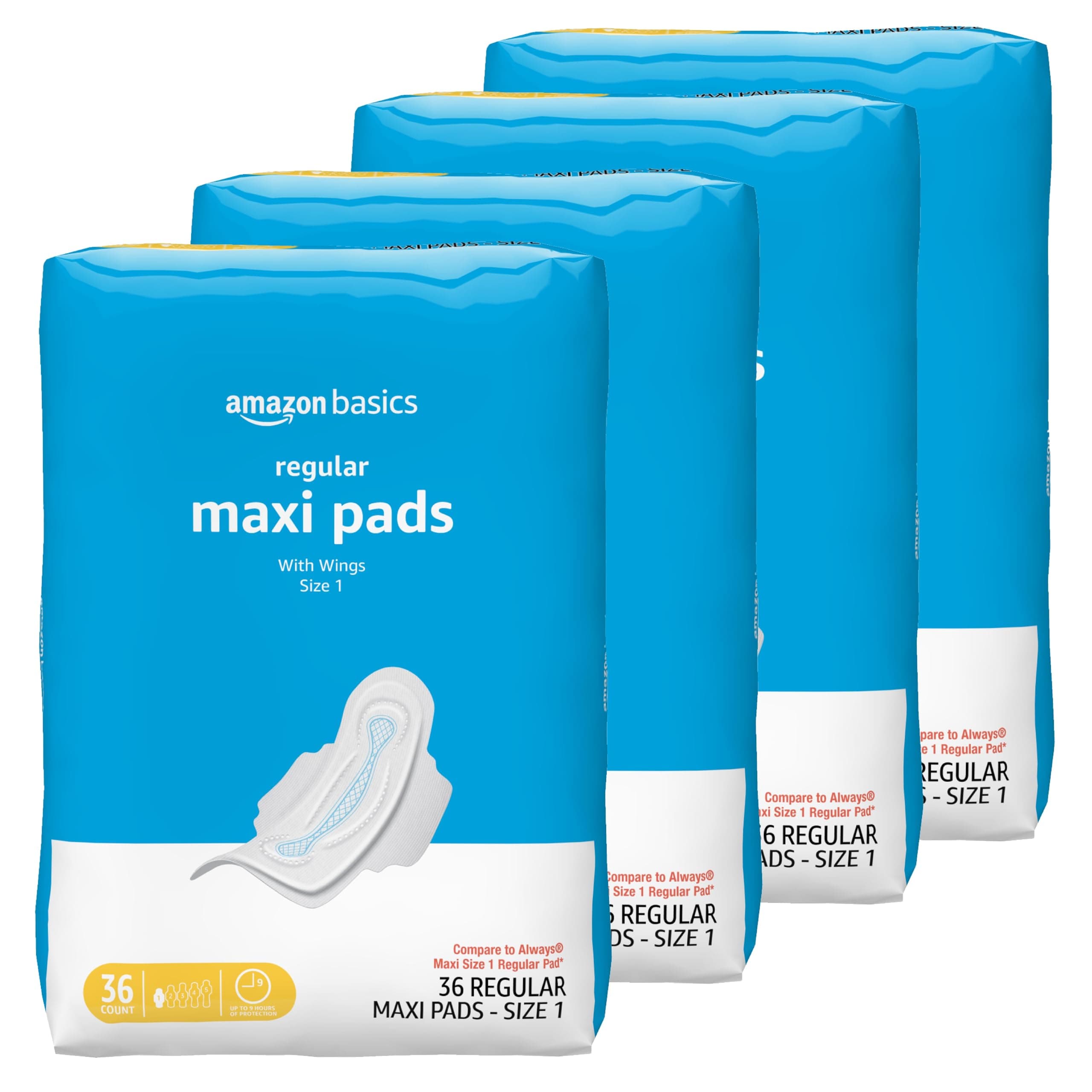 Amazon Basics Thick Maxi Pads with Wings for Periods, Regular Absorbency, Feminine Pads, Unscented, Size 1, 144 Count