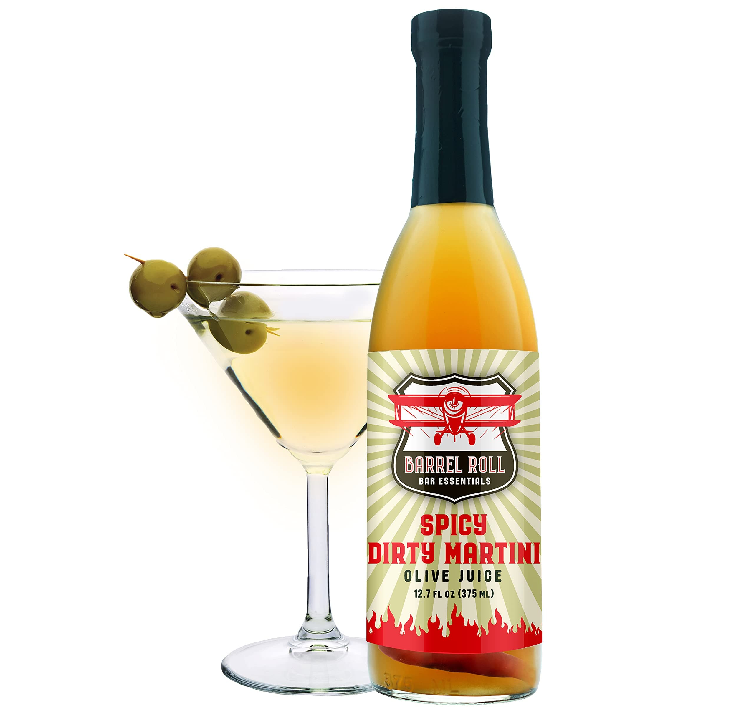 Barrel Roll Spicy Dirty Martini Mix - Piri Piri Peppers, Olive Brine - USA Small Batch - 12.7 Oz Spicy Martini Juice - Vodka Gin Vermouth Mixer