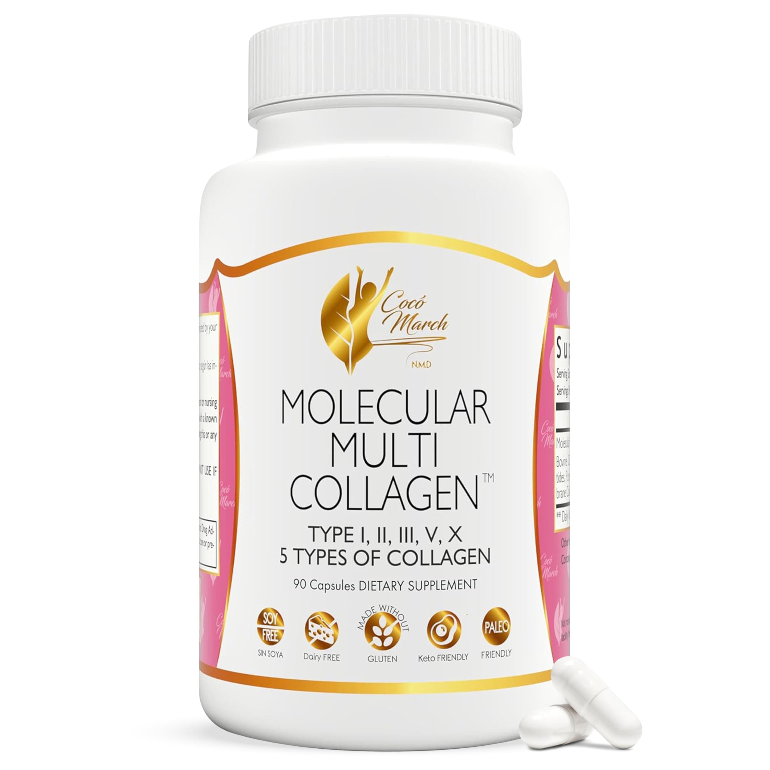 - Cocó March N.M.D. Molecular Multi-Collagen - Types I, II, III, V & X – Hair, Skin, Nails & Joint Support for Women & Men – Low Molecular Weight Collagen, Gluten Free, Dairy Free, Soy Free, 90 Capsules