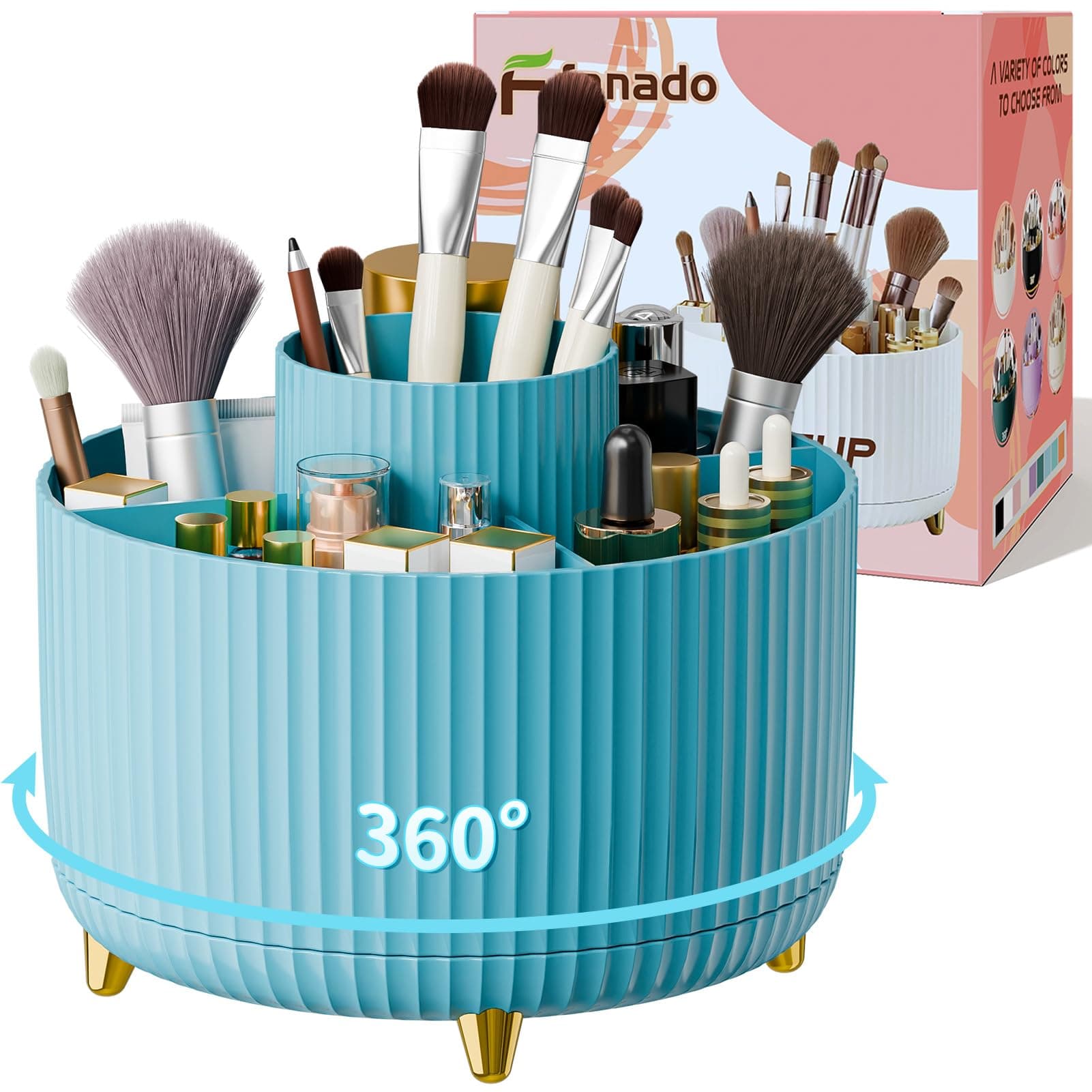 360° Rotate Makeup Brush Holder Organizer, Makeup Organizers Countertop, Makeup organization and Skincare Storage with Gift Box Packing for Vanity, Desktop, Bathroom (Blue)