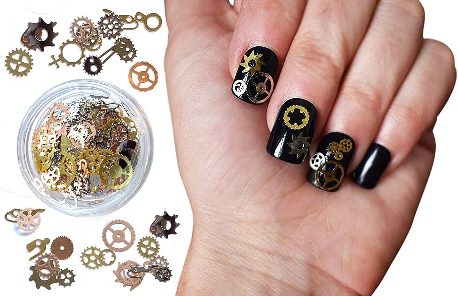 Steam Punk Encapsulated Nail Art Gear Cogs Nail Charms, 100 Pieces, Steampunk 3D Metal Decal Art Rose Gold and Silver or Tips, Acrylic, Gels and Decorations
