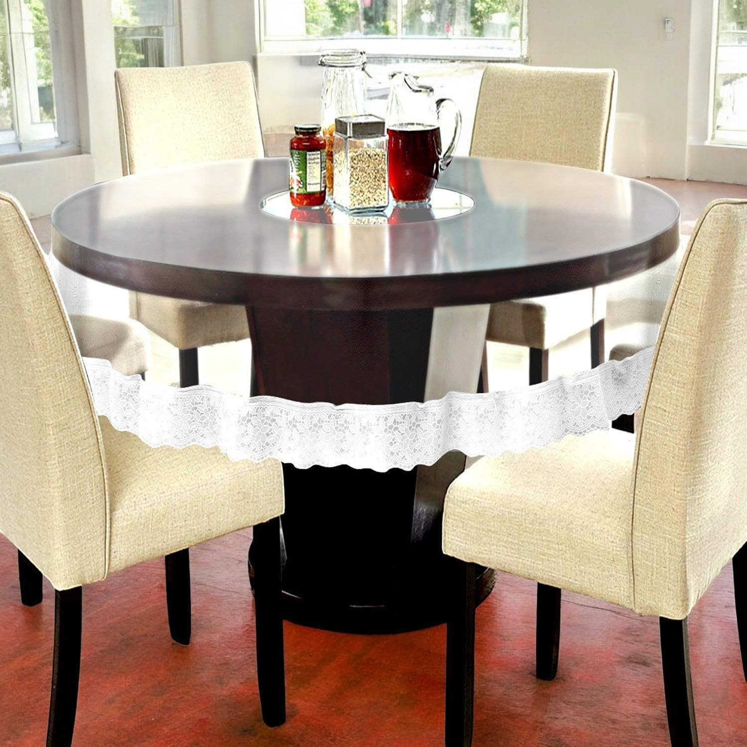 CASA-NEST PVC Waterproof 6 Seater Round Table Cover with White lace Plain 72inch White