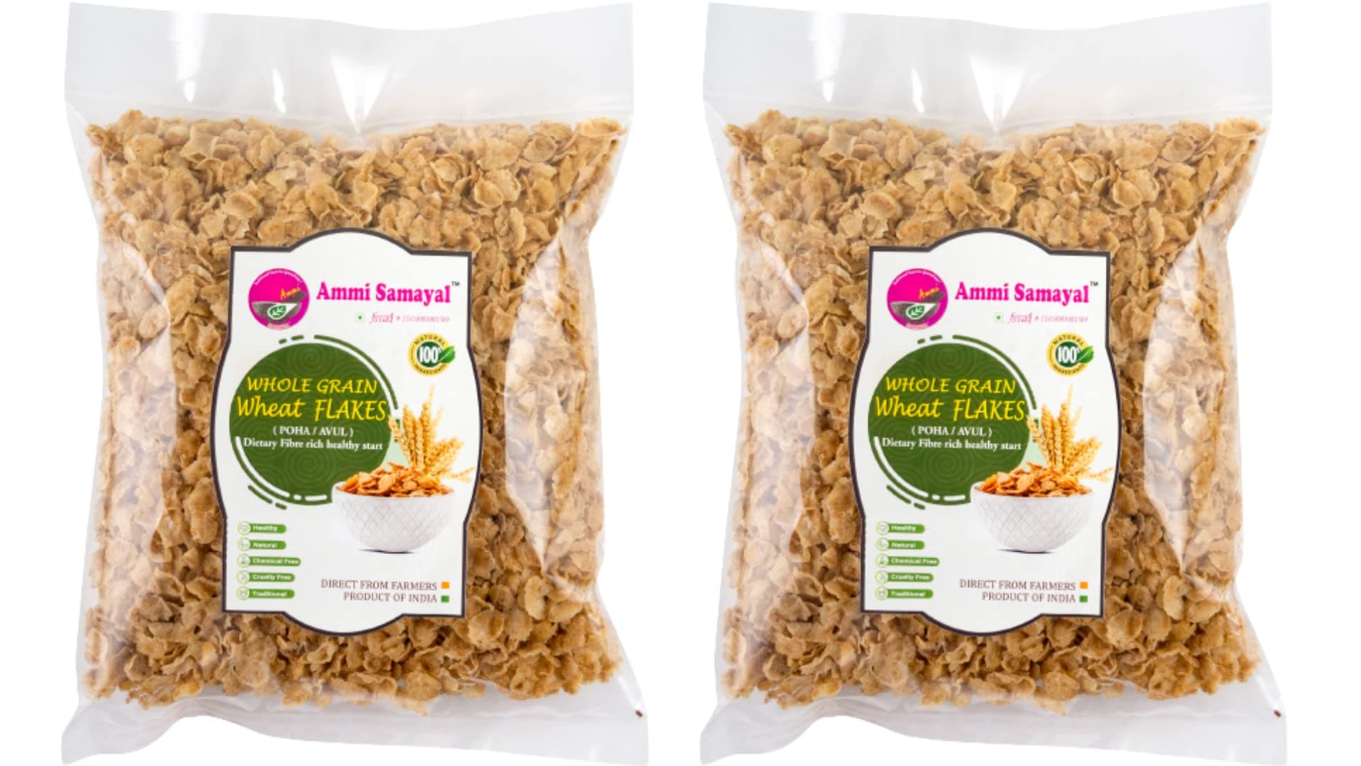 Ammi Samayal Wheat Flakes | Whole Grain Crunchie Corn Flakes | High-Fiber Triticium Poha | Gluten-Free Millet Flakes for Breakfast | Premium Organic Snacks | Pack of 2 x 500g
