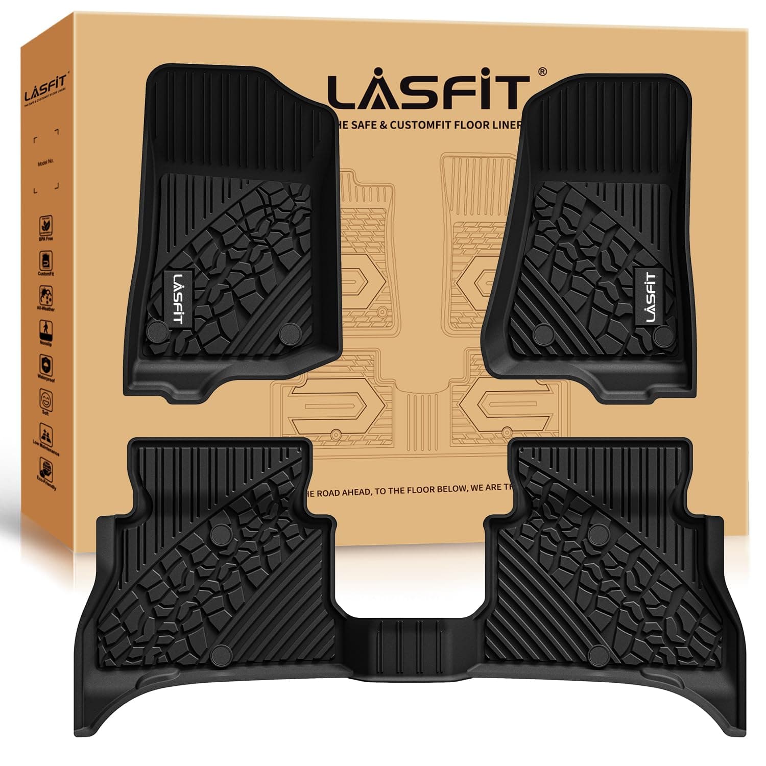 LASFIT Floor Mats for Jeep Wrangler 4XE Hybrid 2024 2023 2022 2021, All Weather Protection TPE Car Floor Liners, Front & Rear Rows, Black