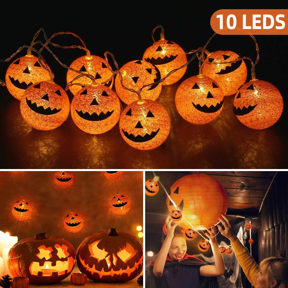 OUSFOT Halloween Pumpkin Lights 10 LEDs Pumpkin String Lights Battery Powered Decorations Lights for Halloween Festival Party Decor (Warm White)