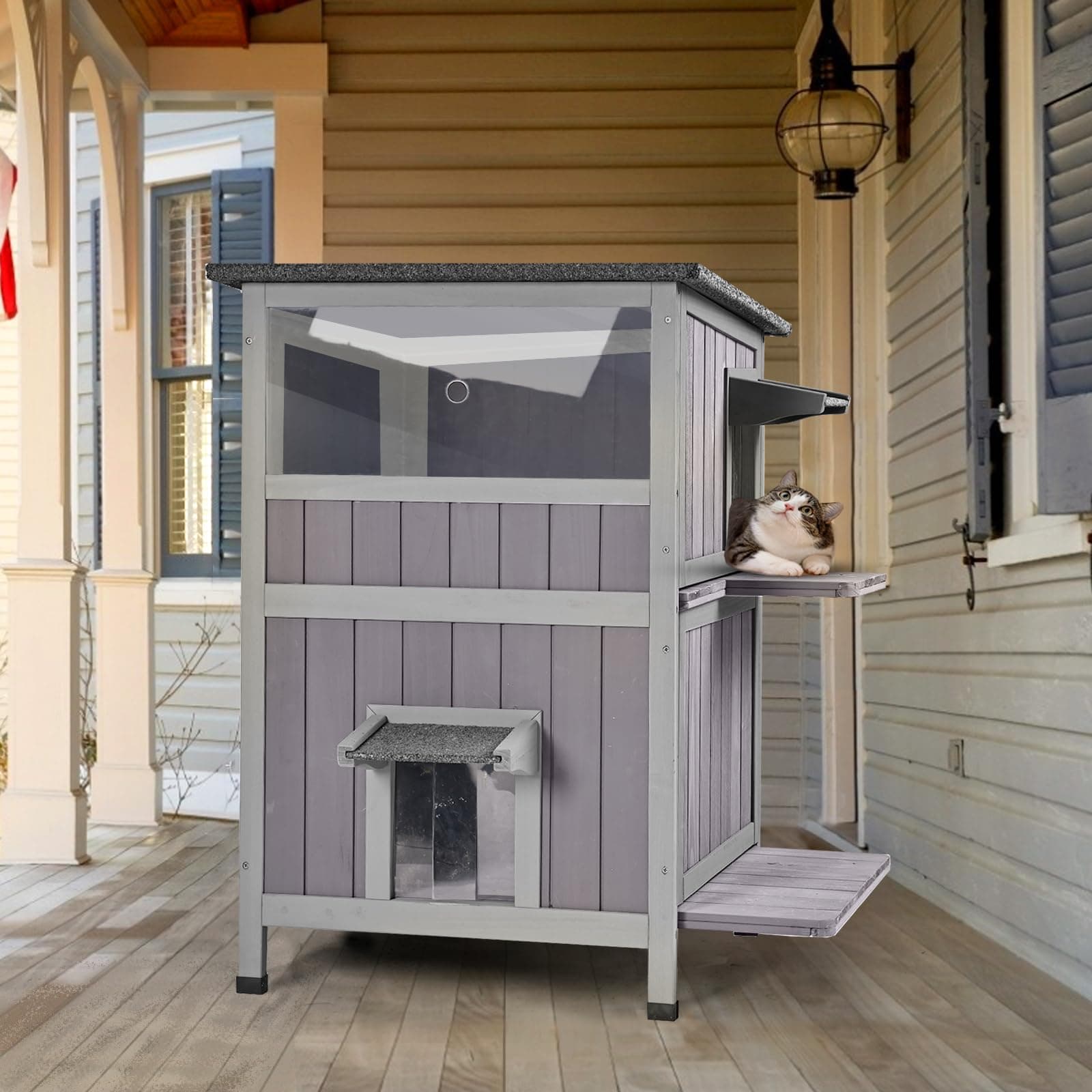 Aivituvin Wooden Feral Cat House 2 Storey Windproof Cat House with Transparent Windows Openable Side Weatherproof Eaves Kitten Shelter