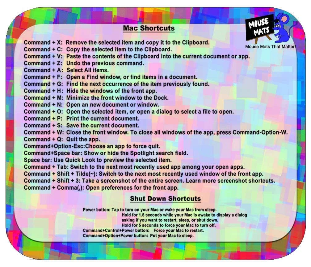 Mac Keyboard Shortcut Cheat Sheet Sublimated Mouse Pad (Multi)
