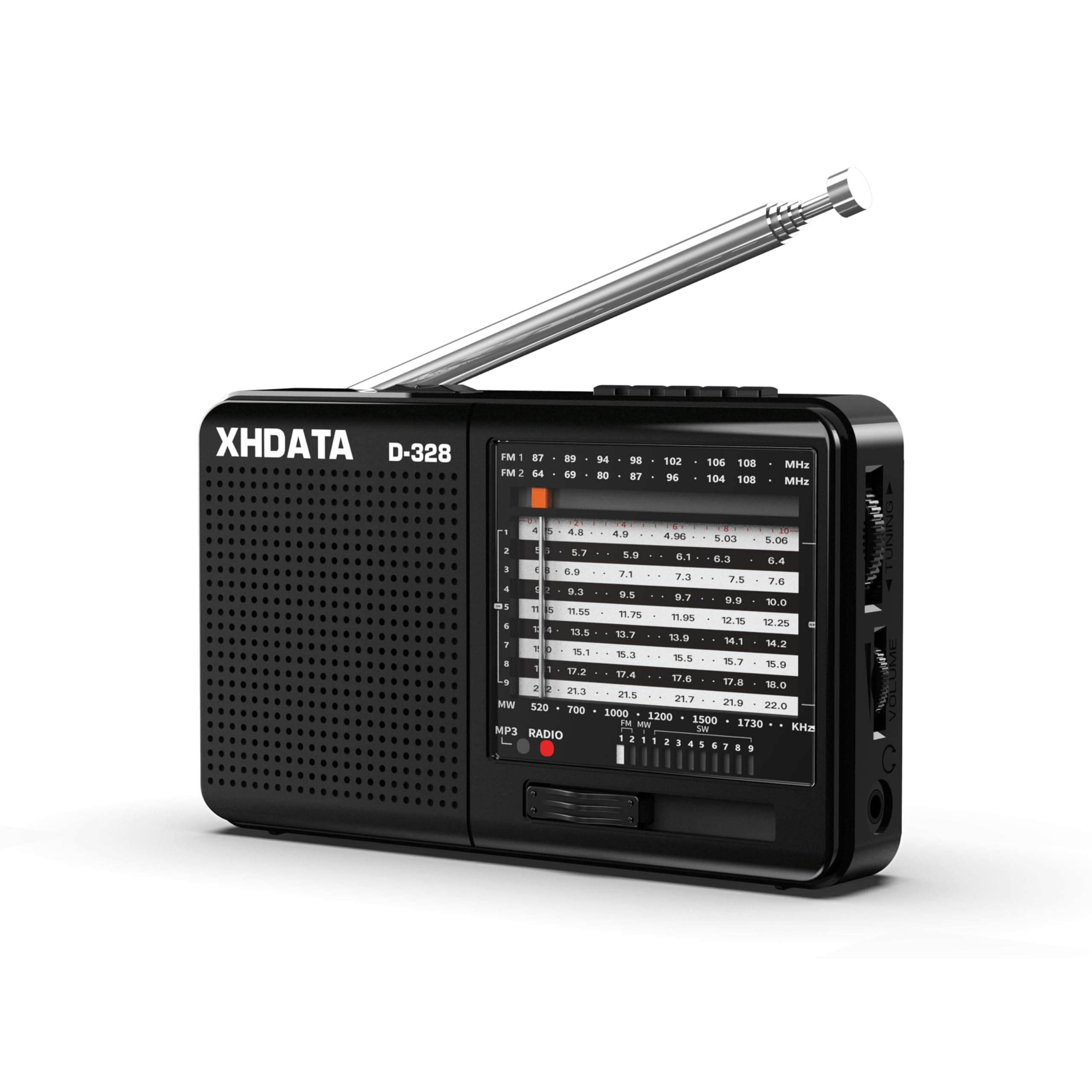 D-328 portable rechargeable radio with FM/MW/SW, stereo radio with earphone jack, portable multimedia speaker with USB/micro SD Card. (Black)