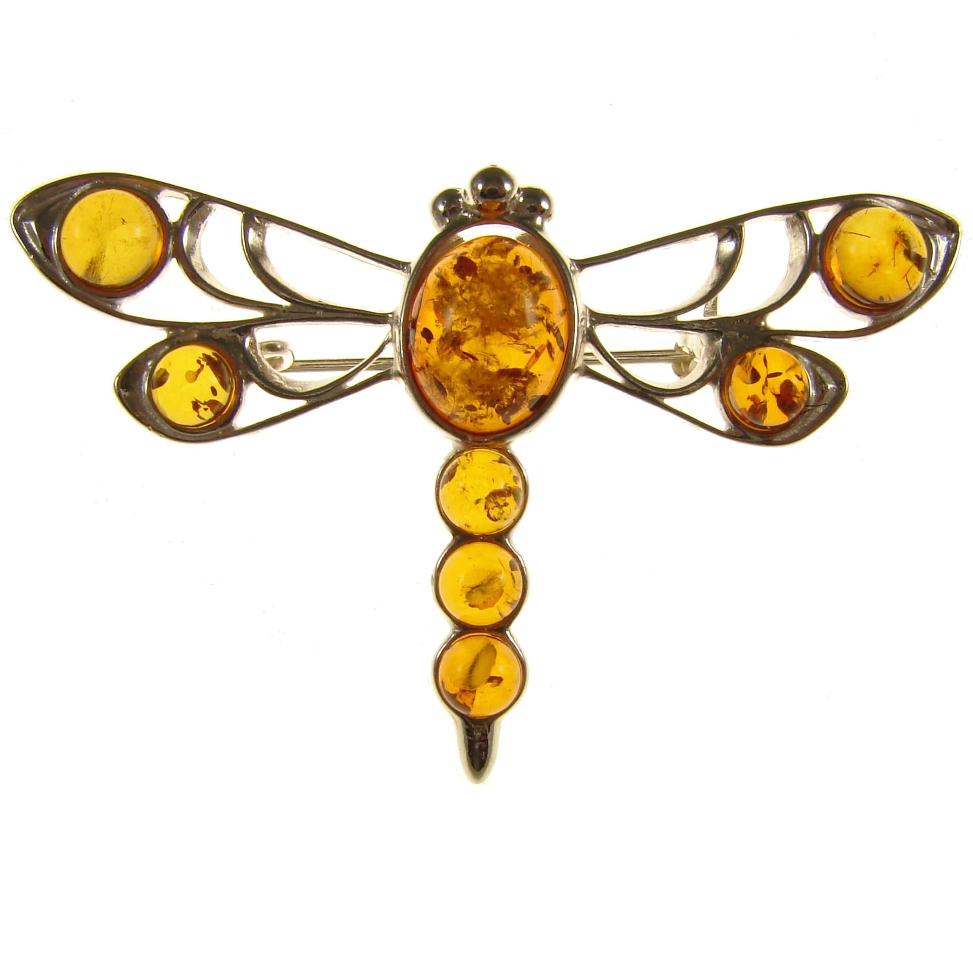 Baltic amber and sterling silver 925 cognac dragonfly brooch pin