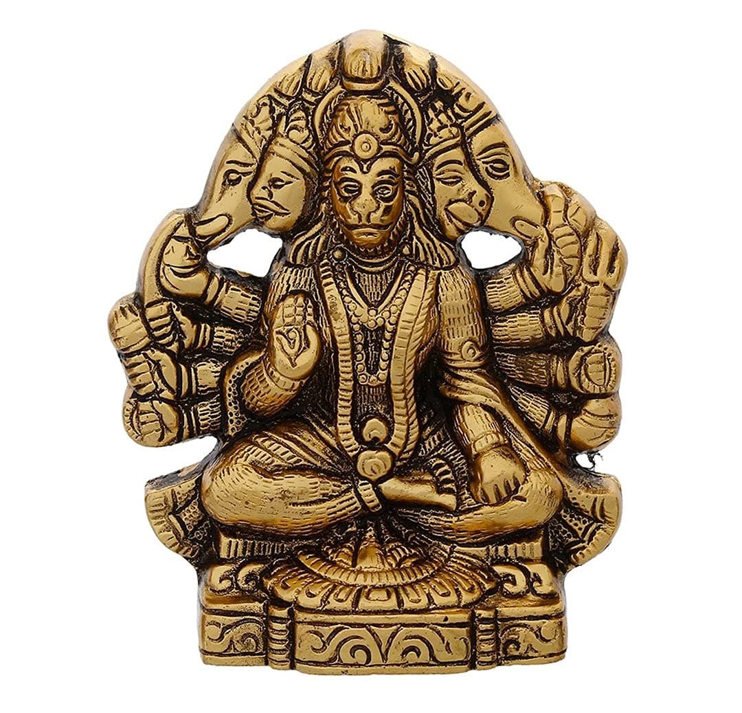 CHHARIYA CRAFTS Metal Panchmukhi Hanuman ji Murti Bajrangbali Idol Door Entrance Statue for Home Decor Gifting Protection from Evil Eye Decorative Showpiece - 16 cm (Metal, Gold)