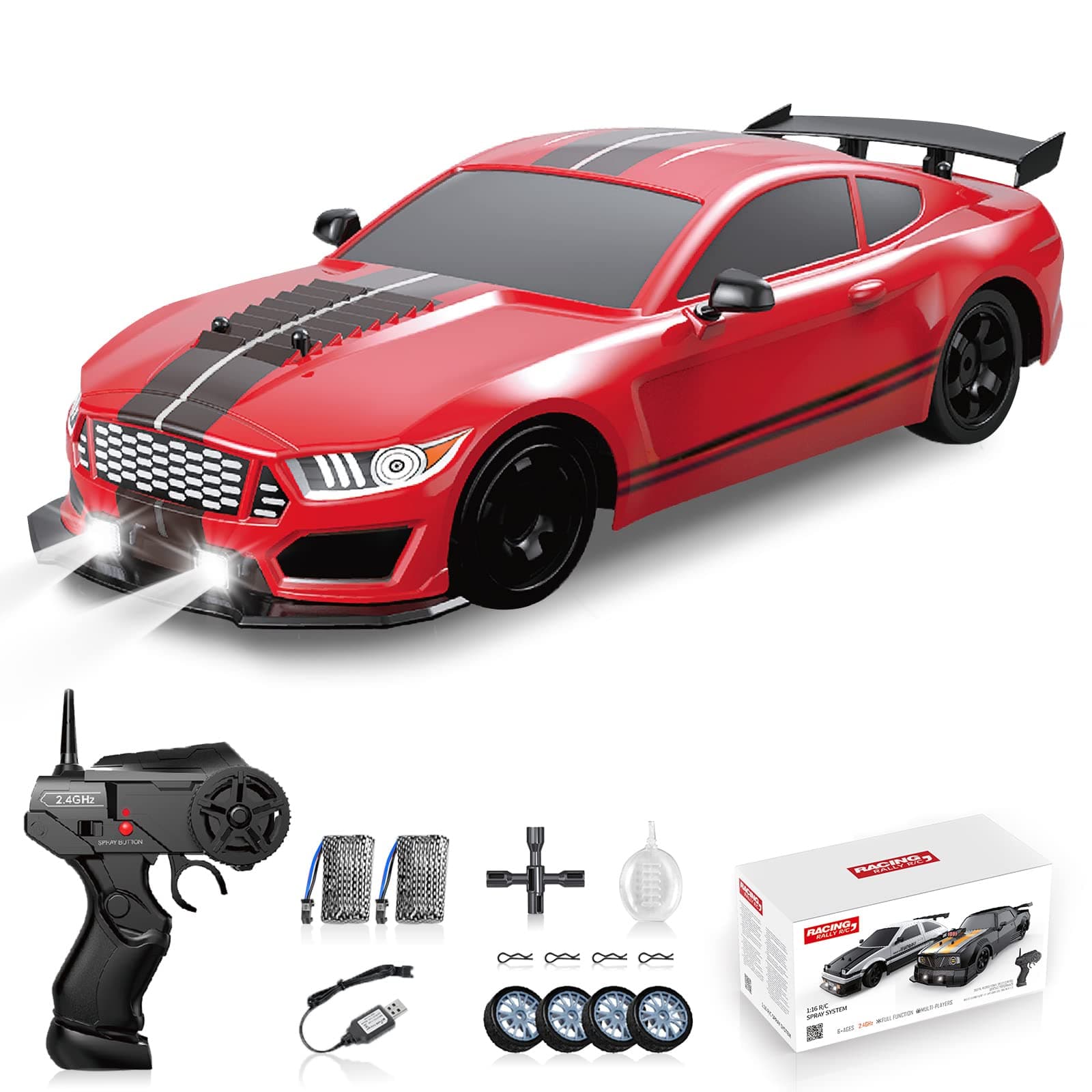 RC Drift Car 2.4GHz 1:16 Scale 6WD High Speed Remote Control Cars Vehicle with LED Lights Two Batteries and Drifting Tires Racing Sport Toy Cars for Adults Boys Girls Kids Gift