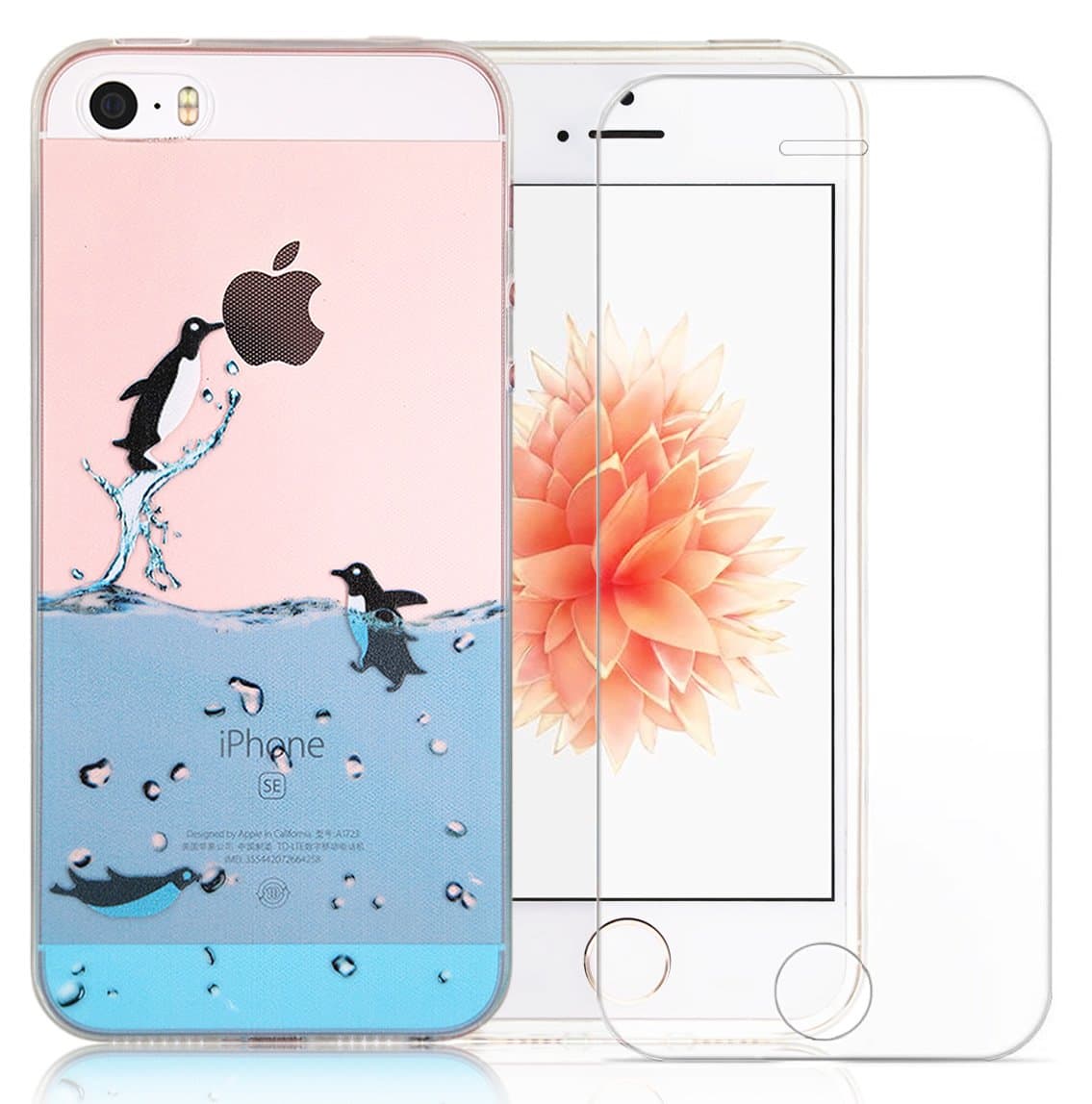 Iphone 5s Case, Iphone 5 / SE Case, A-Focus Cute Penguin Refreshing Swimming Sea Animal Cartoon Marine Animal Soft Gel TPU Case + Glass Screen Protector for Iphone SE / 5 / 5s (Penguin)