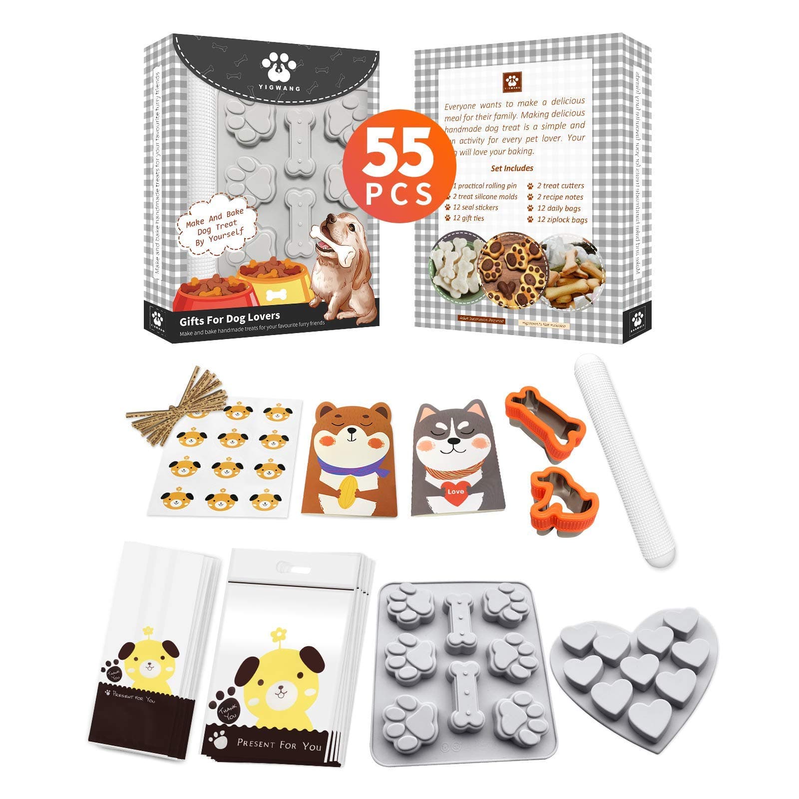 55 Pcs Dog Treat Maker, Make Your Own Dog Treats Kit for Kids, Including 2 Cookie Cutters and Mold, 2 Recipes Book, 24 Bags, etc.