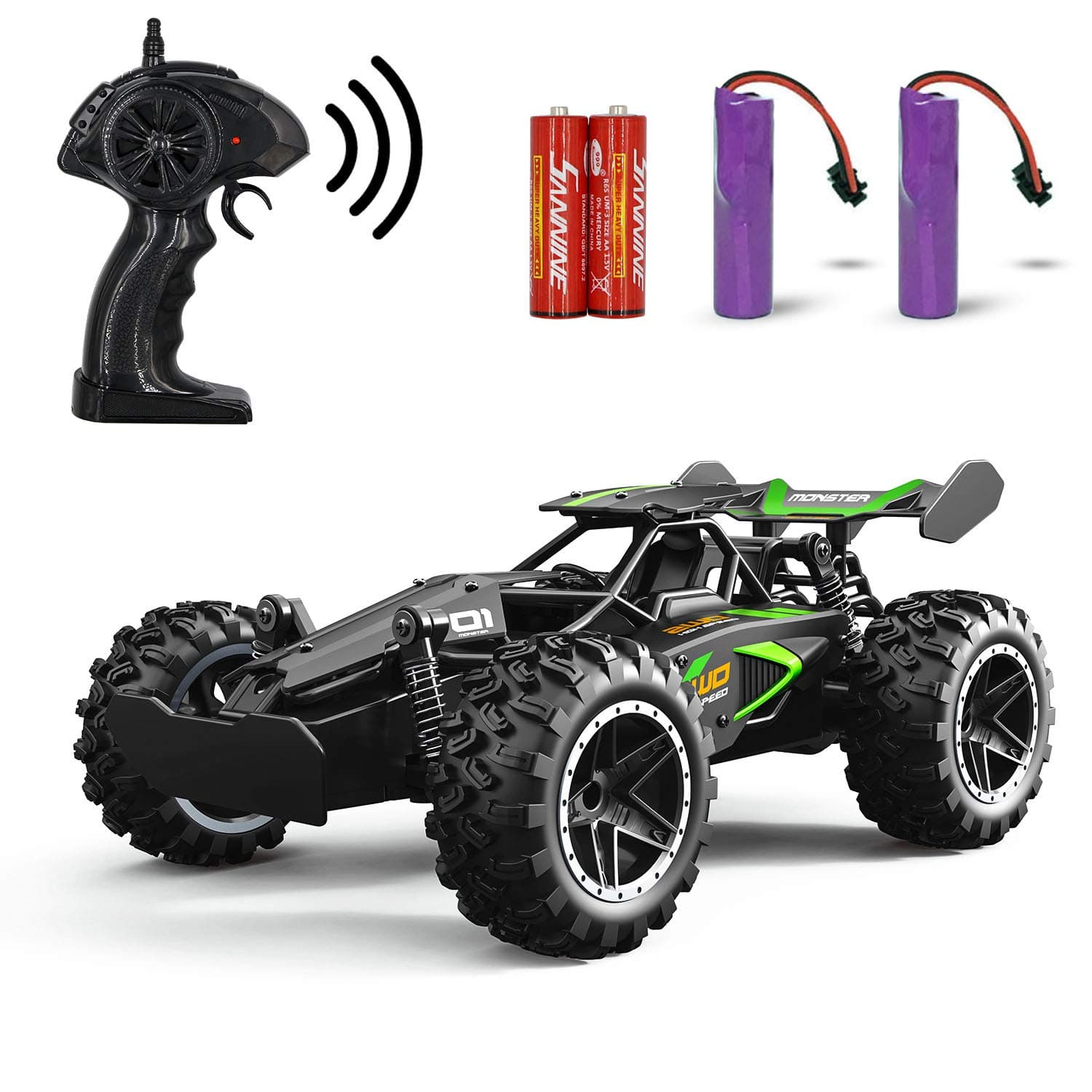 RC Cars, 2.4Ghz Monster RC Truck High Speed Racing Car, 1:18 2WD Toy Remote Control Cars for Boys and Girls with Two Rechargeable Batteries (Black Green)