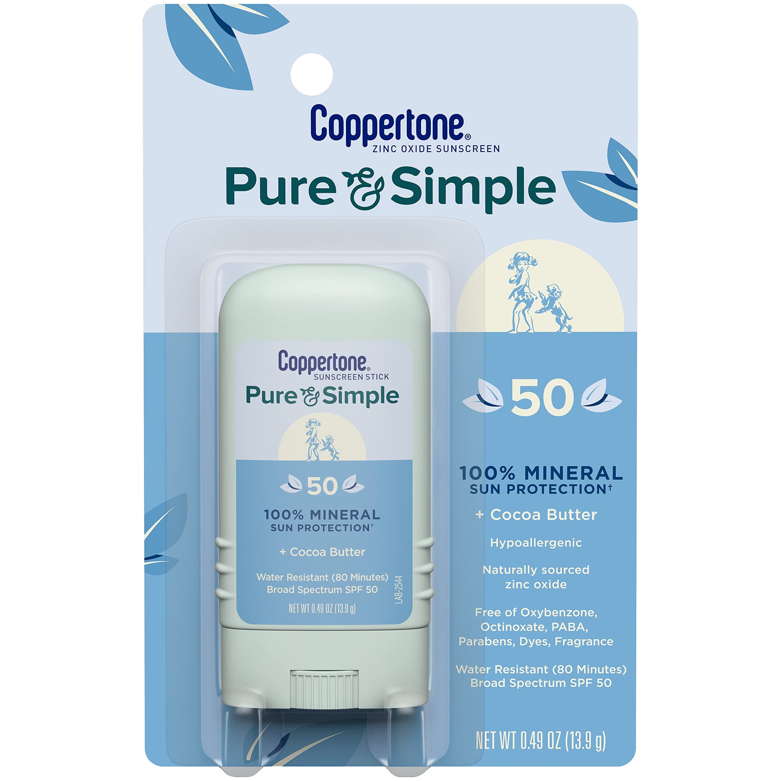 Pure and Simple Mineral Sunscreen Stick SPF 50, Water Resistant, Hypoallergenic, Face Sunscreen with Broad Spectrum UVA/UVB Protection, 0.49 oz Stick