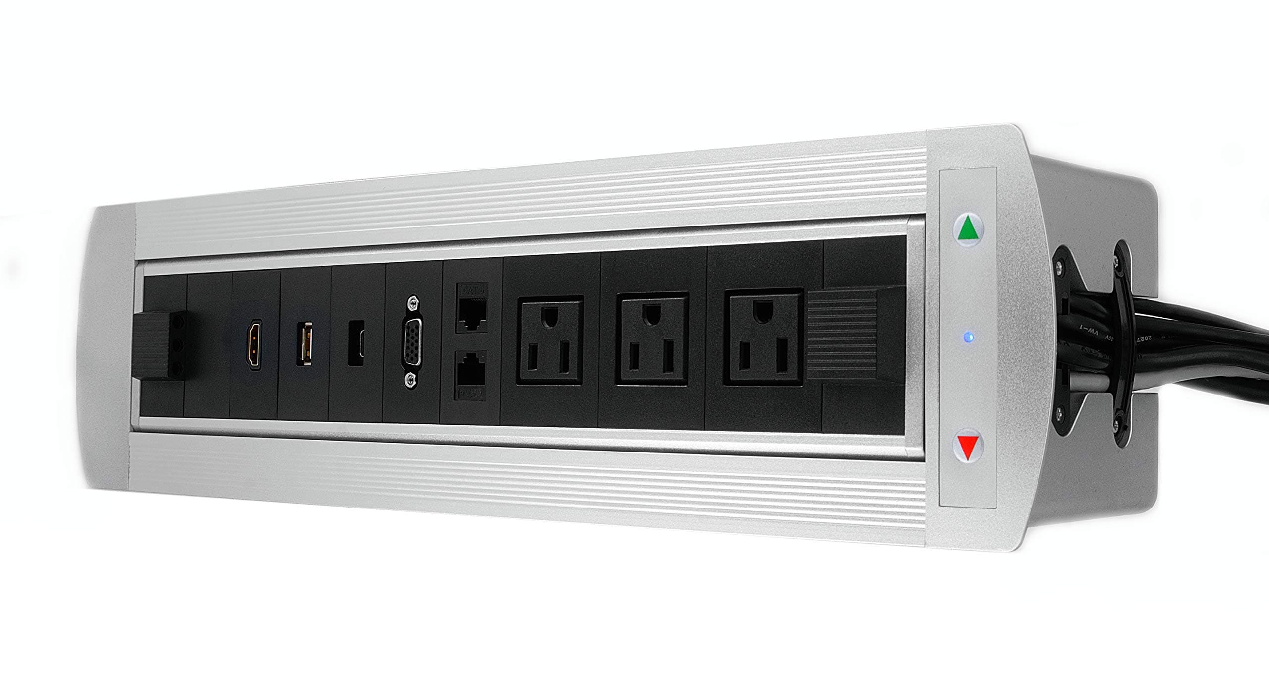Motorized Connectivity Box for Conference Room Tables 3 AC + 1 HDMI + 1 USB Type C + 1 VGA + 2 RJ45 + 1 USB, Silver Color