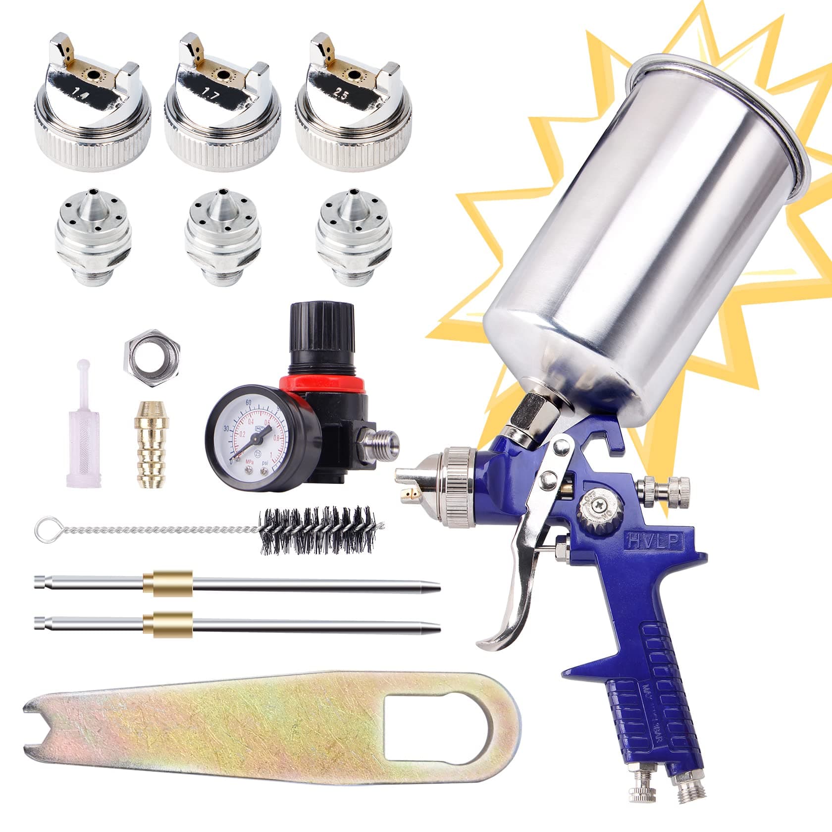 CarBole HVLP Gravity Feed Auto Air Spray Gun 1000CC Aluminum Cup Paint Sprayer Airbrush Painting Tool Kit with 3 Nozzle 1.4MM 1.7MM 2.5MM Blue