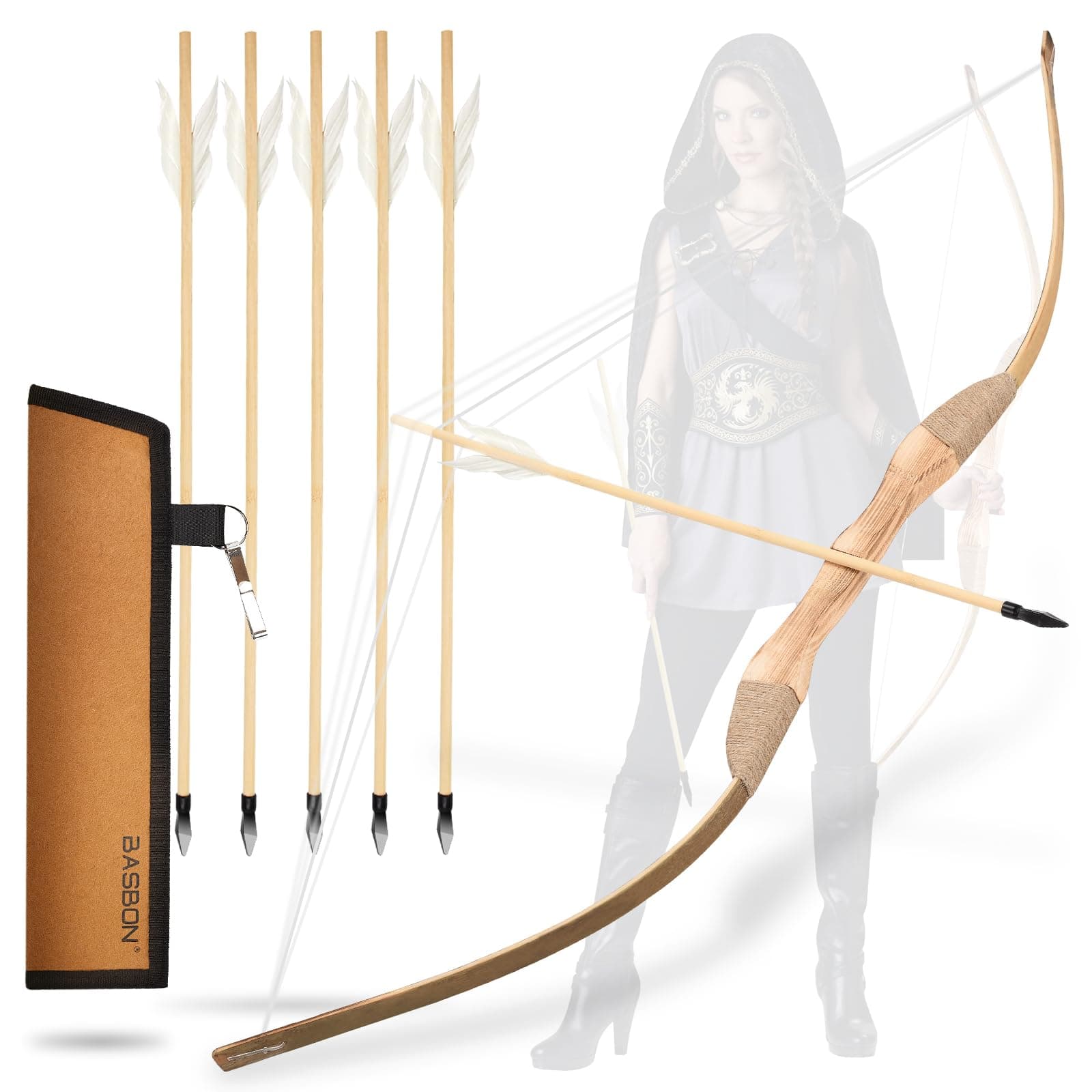 Youth Archery Bow and Arrow Set for Kids, 40" Handmade Wooden Bow and Arrow Prop Costume Cosplay Games Toys, Archery Set with 1 Bows 1 Quivers 5 Feather Arrows, Gifts for Kids Youth Adult Boys Girls