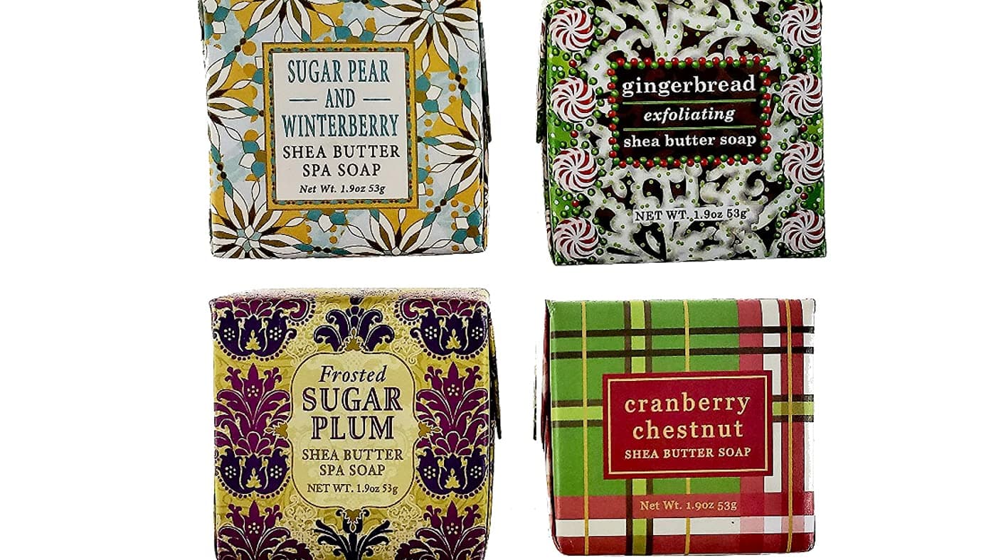Christmas Holiday Soap Sampler - Gift Boxed Set of 4 Holiday Assorted Scents - Enriched with Shea Butter, Essential Oils, Natural Extracts (Gingerbread, Cranberry Chestnut, Sugar Pear & Sugar Plum)