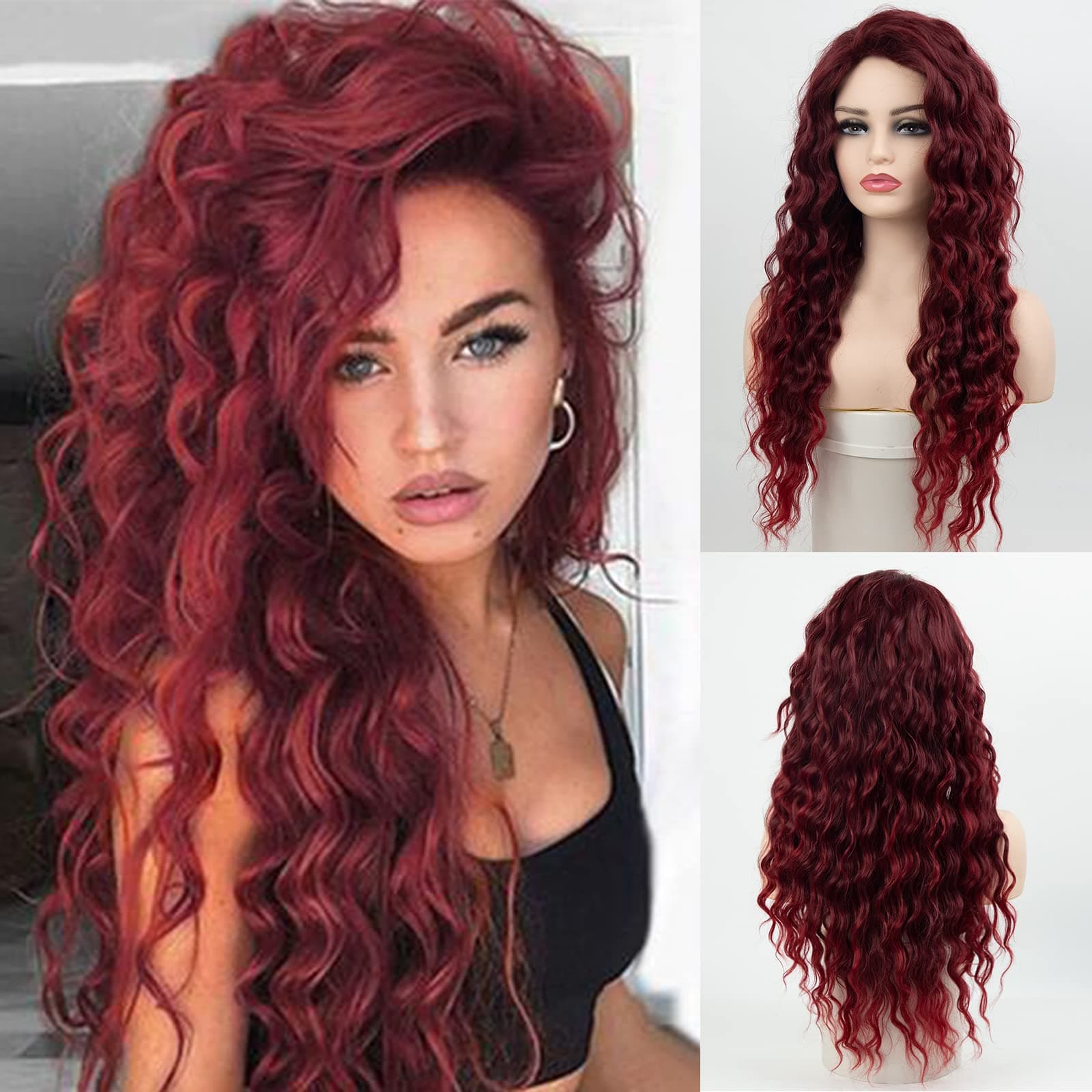 Fencca Burgundy to Red Layered Long Curly Wigs for White Women Heat Synthetic 24inch Wine Red Long Wavy Wig Average Size Costume Daily Party Wig