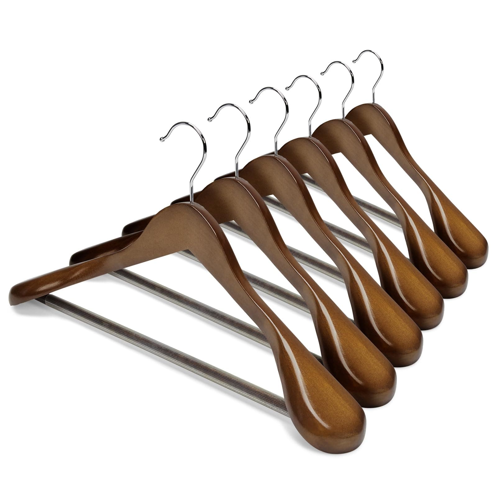 HOUSE DAY 6 Pack Wide Shoulder Wooden Hangers, Suit Hangers with Non Slip Pants Bar, Smooth Finish 360° Swivel Hook Solid Wood Coat Hangers for Dress, Jacket, Pants, Heavy Clothes Hangers (Walnut)