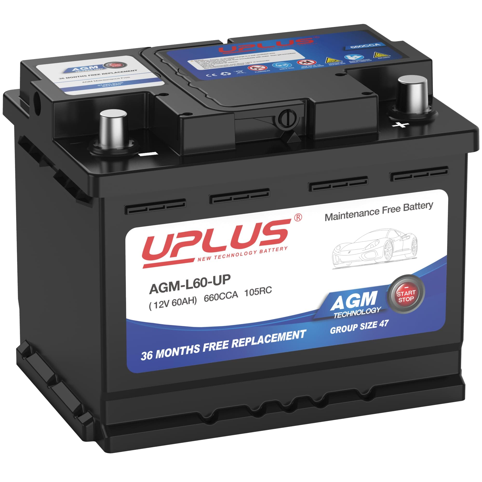 UPLUS BCI Group 47 Car Battery, AGM-L60-UP Maintenance Free 12V 60Ah Premium AGM Batteries H5 L2 Automotive Battery, 660CCA, 105RC, 375LN2-MF