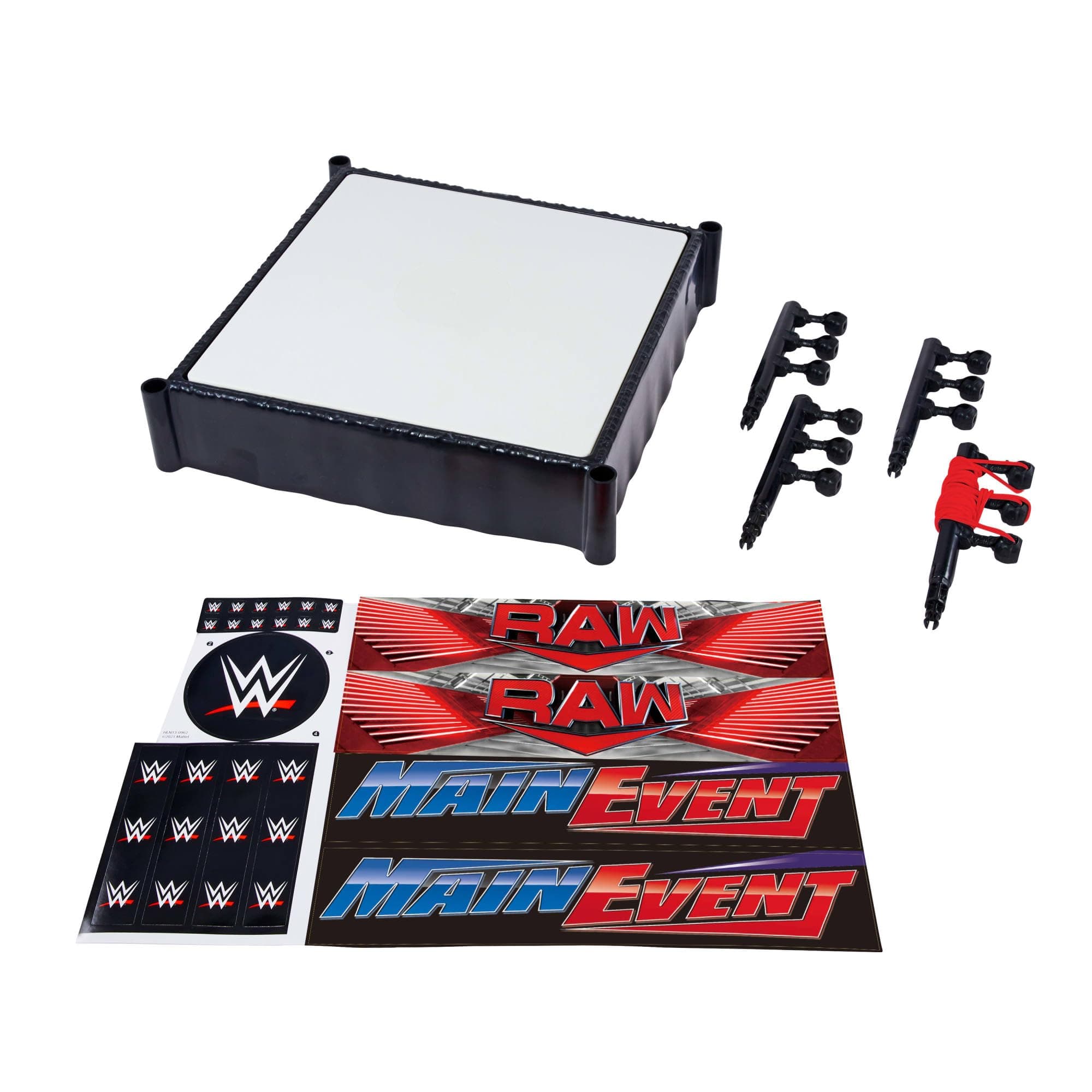 Mattel WWE Superstar Ring with Labels for Main Event & RAW, Spring-Loaded Ring Mat & Pro Tension Elastic Ring Ropes
