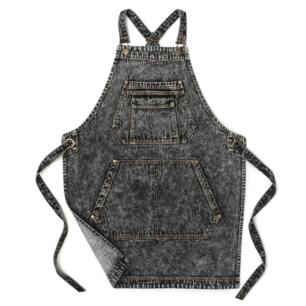 Denim Apron with Pockets for Hair Stylist Gardening Craftsmen Barista Women Hairdresser Jean Work Apron Cross Straps & Adjustable S to L (Black)