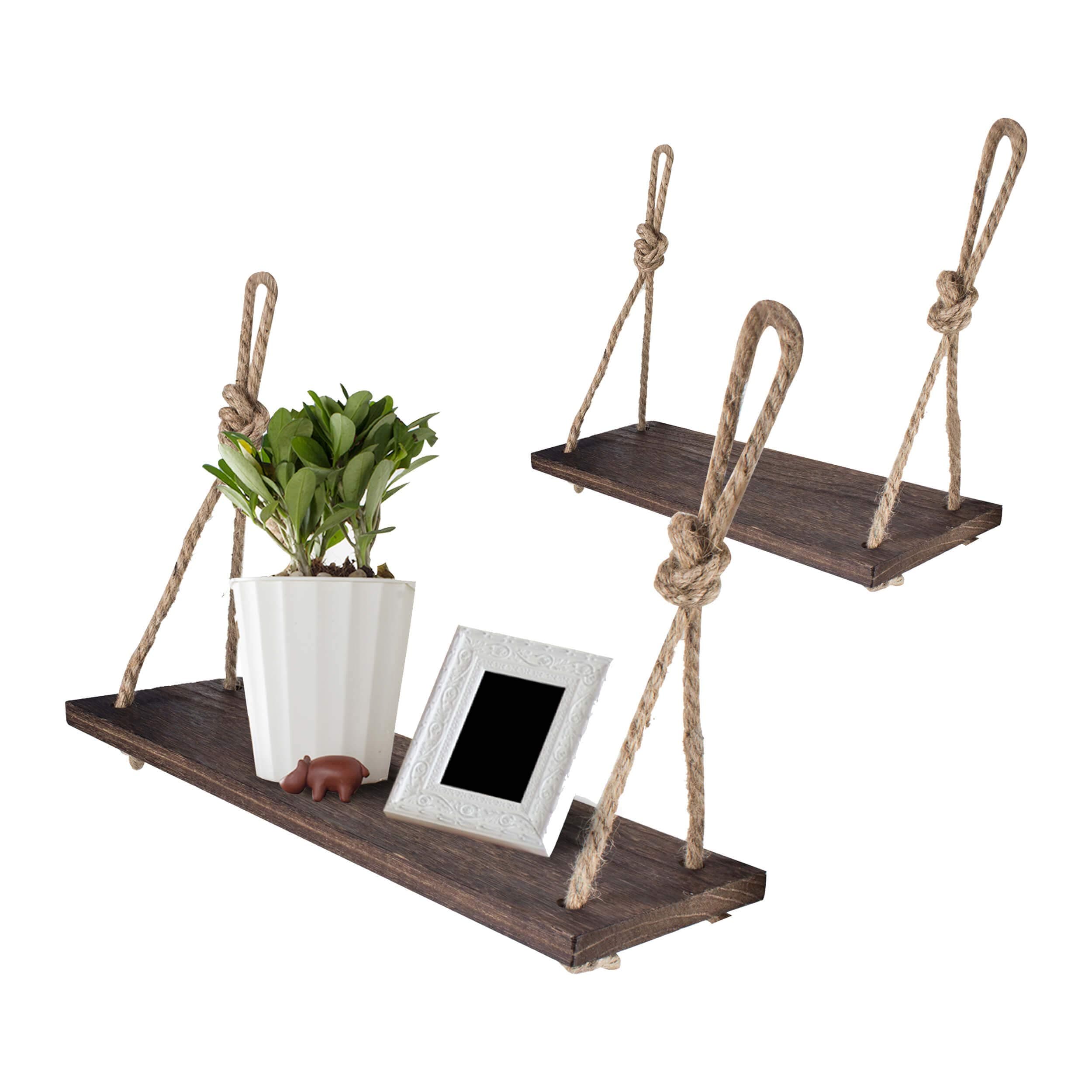 Rope Hanging Floating Shelves, Rustic Wood Wall Decor Swing Shelf with 4 Hooks, Pack of 2