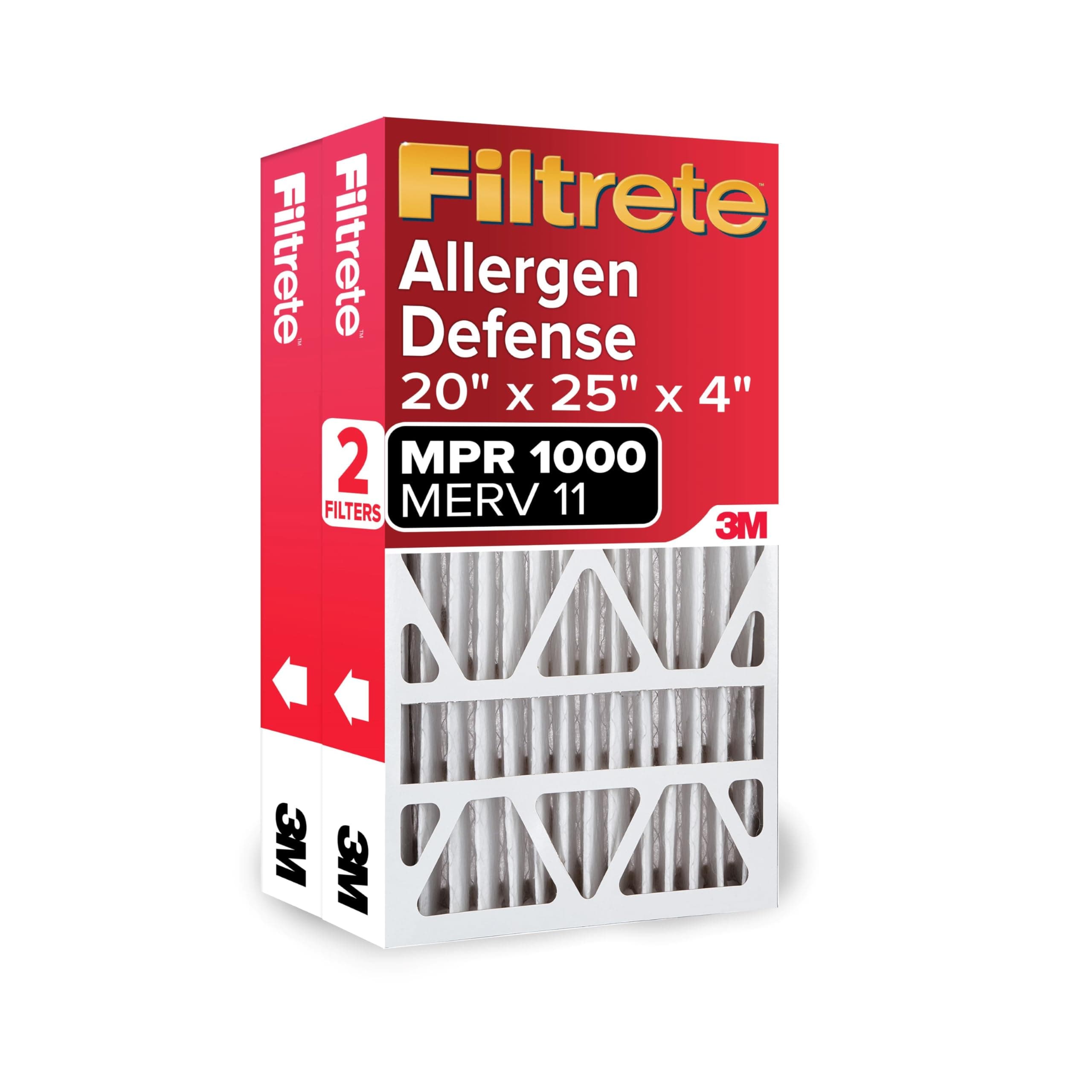 Filtrete 20x25x4 Air Filter MERV 11, MPR 1000 Micro Allergen Defense 2-Pack, Fits Honeywell & AprilAire, AC Furnace HVAC Filters for Home, Pleated Electrostatic (Actual Size 19.88 x 24.63 x 4.31 in)