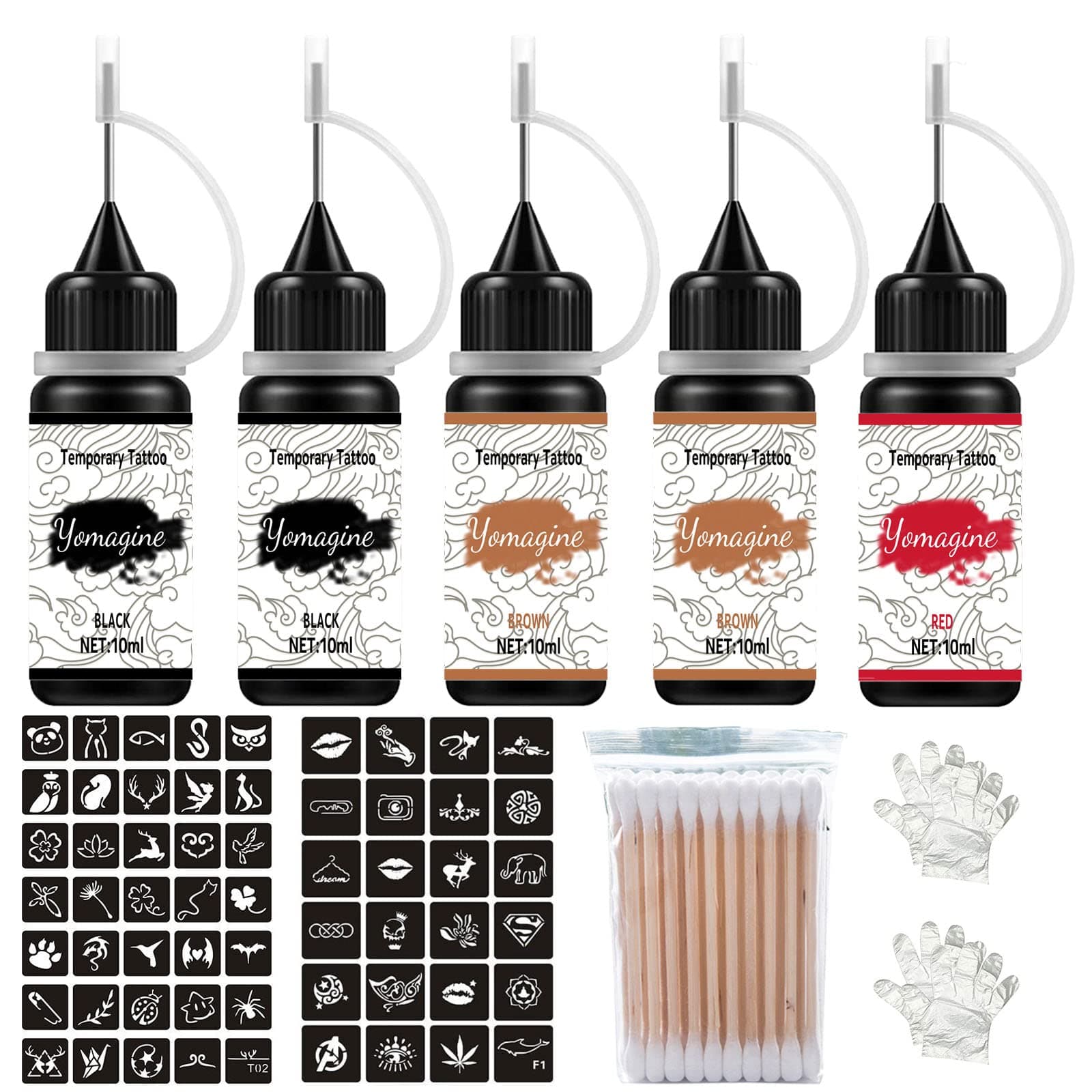 Temporary Tattoos Kit, Semi Permanent Tattoo Ink, DIY Fake Freckles Temporary Tattoos for Women Men Kids, Summer Trend Freehand Ink with 59 Pcs Tattoo Stencils, Jagua Gel - Full Kit 5 Bottles