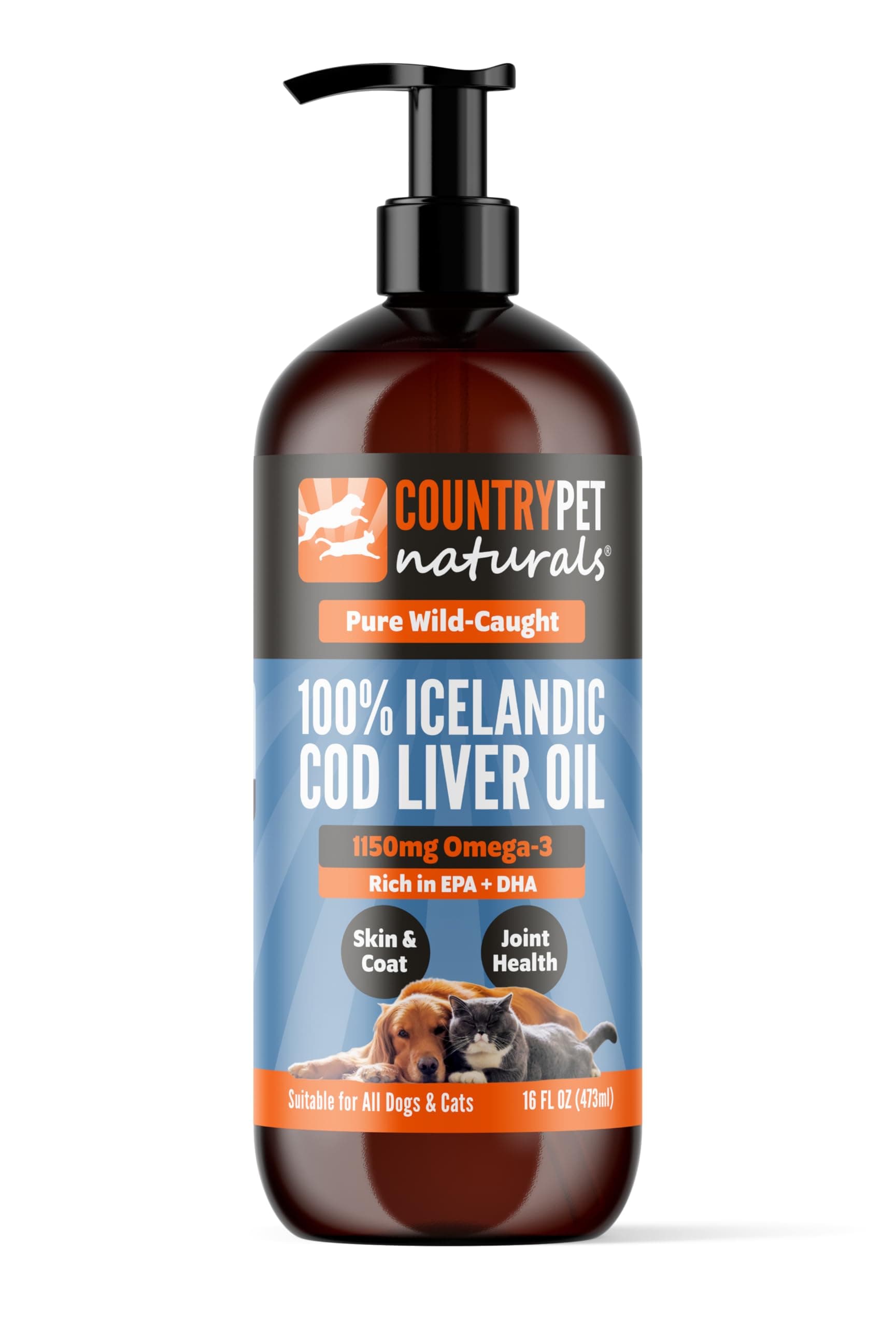 Wild-Caught Pure Icelandic Cod Liver Oil for Dogs & Cats,1150 mg Omega-3 per TSP, High EPA & DHA, Natural Vitamins A & D, Supports Healthy Skin & Coat & Mobility, Single-Ingredient, 100% Pure