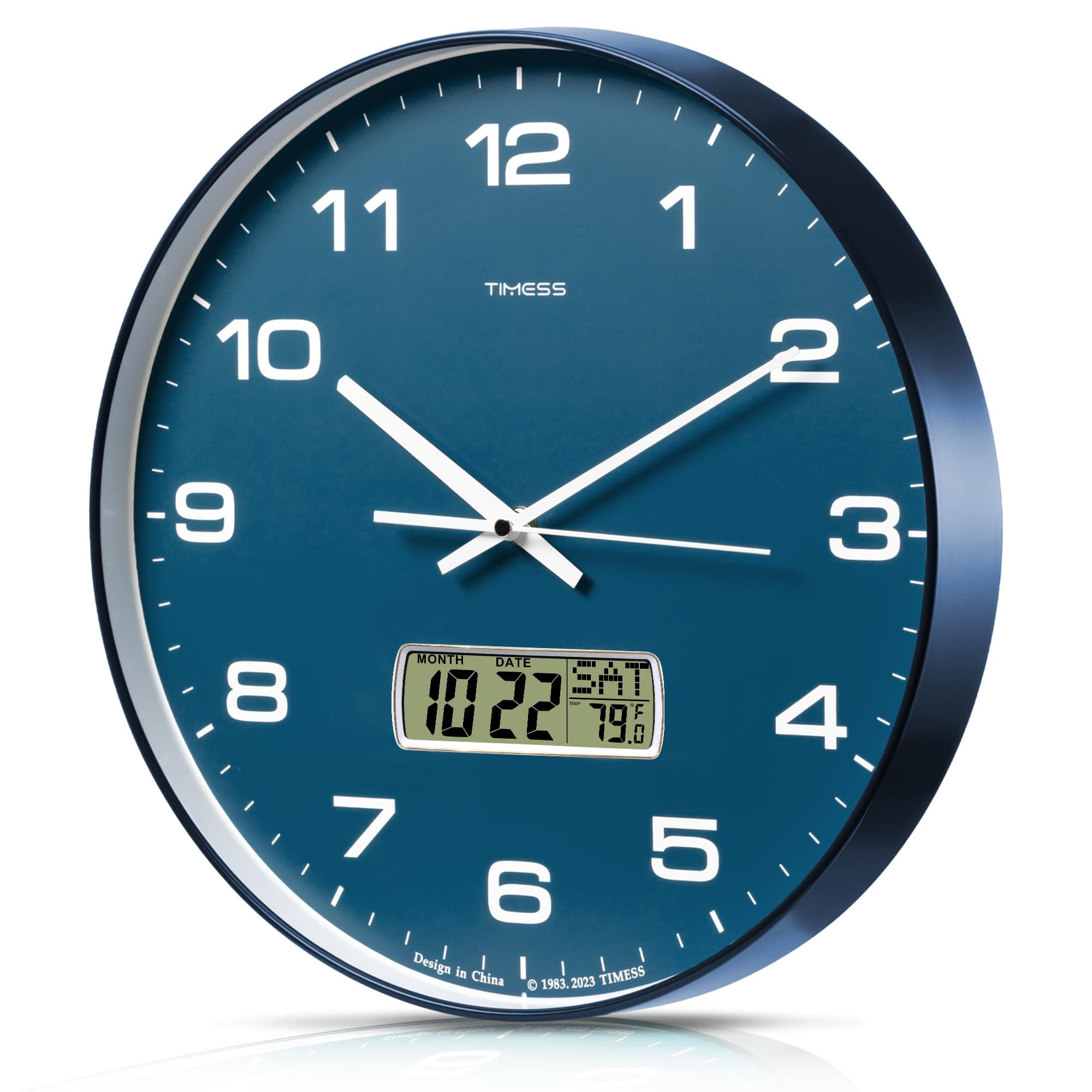 Wall Clock, 14" Large Dial Non-Ticking Silent Battery Operated Analog with LCD Display for Perpetual Calendar and F° Temperature, Ideal Modern Home, Bedroom, Kitchen, Office Decor (Blue)