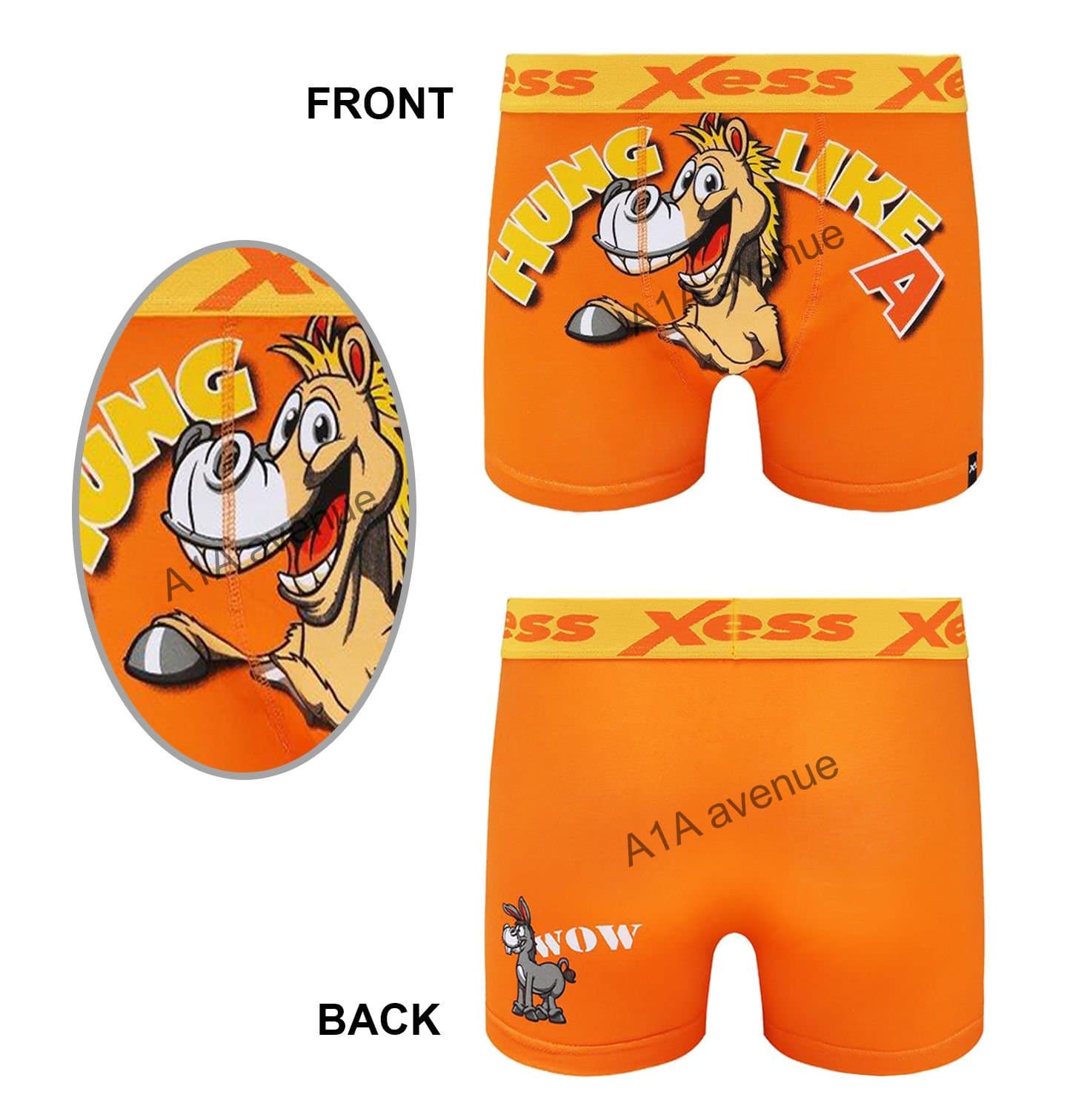 A1A AVENUE Xess Men's Novelty Boxer Shorts Funny Rude Trunks Shorts Underwear Donkey S-XL (Large, Orange)