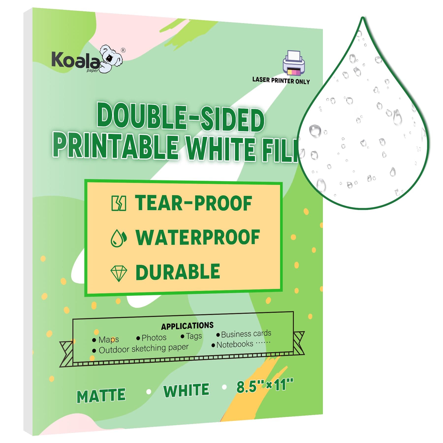 KOALA PAPER Waterproof for Laser Printer, Tearproof Printer , Matte Double Sided Printable White Film 8.5x11 In 60 Sheets For Printing Backpacking Maps