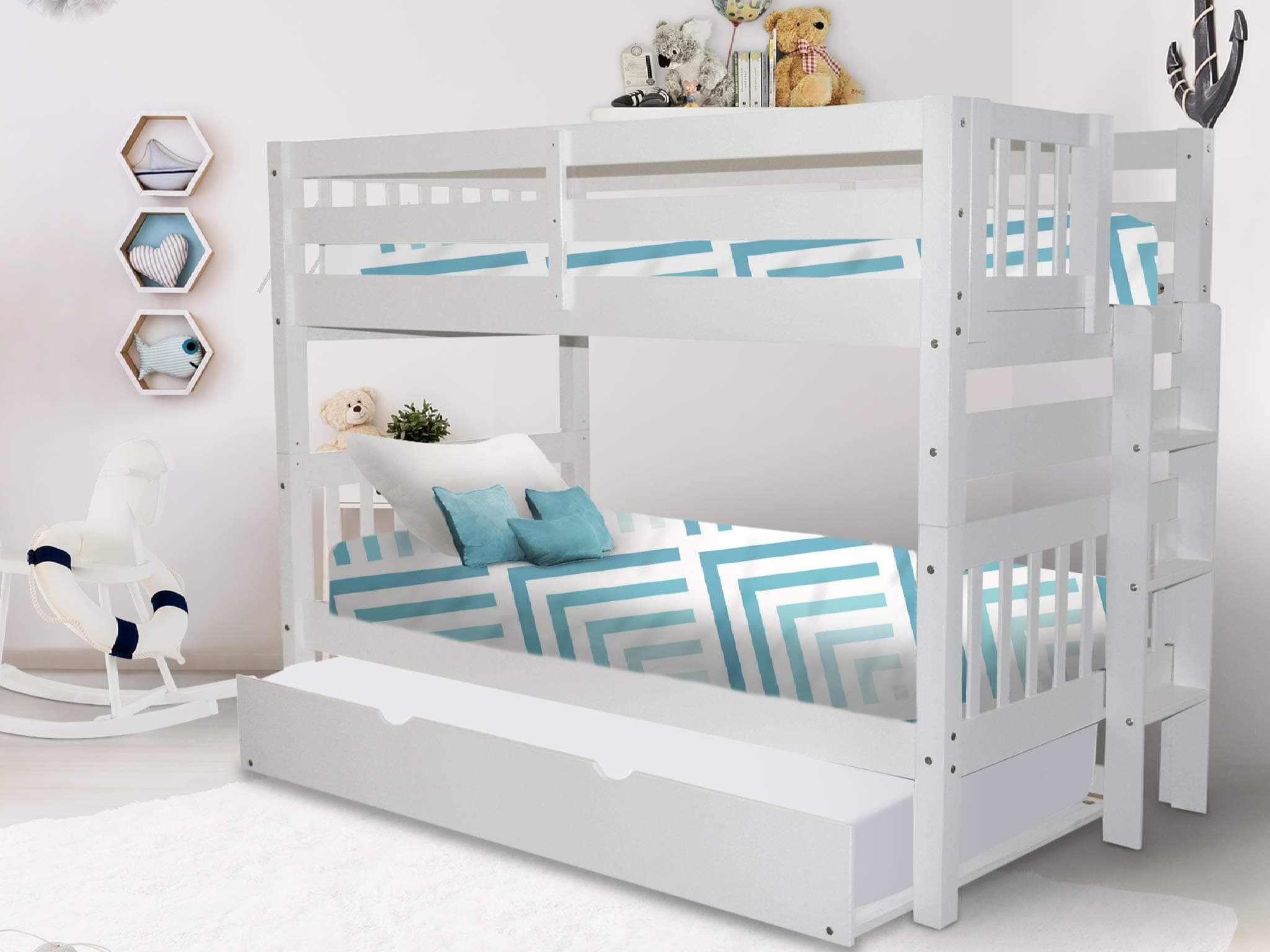 Bedz King Bunk Beds Twin over Twin Mission Style with End Ladder and a Twin Trundle, White