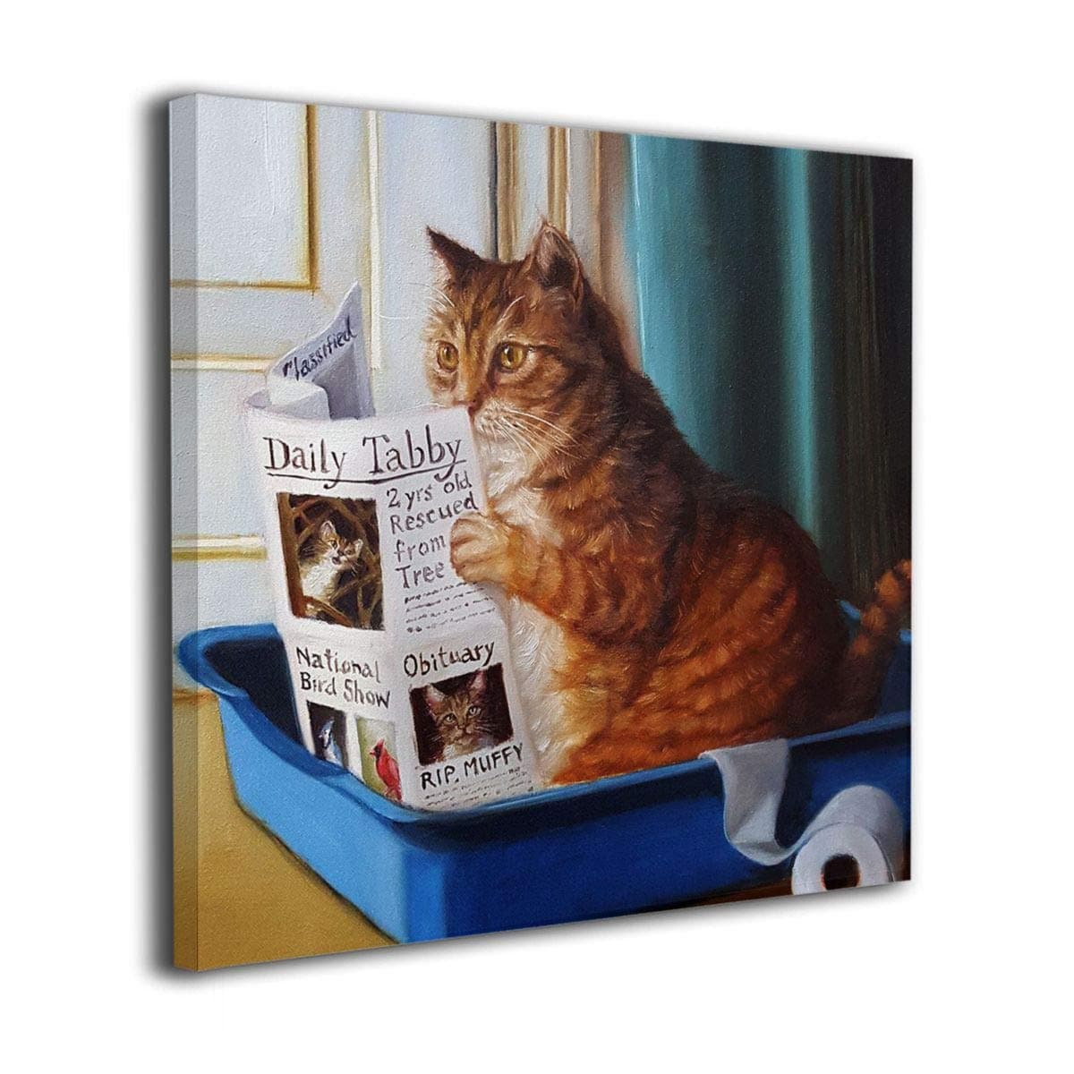 Sarweaydz Cat Toilet Reading Newspaper Paper Picture Canvas Wall Art (12"x12", White)