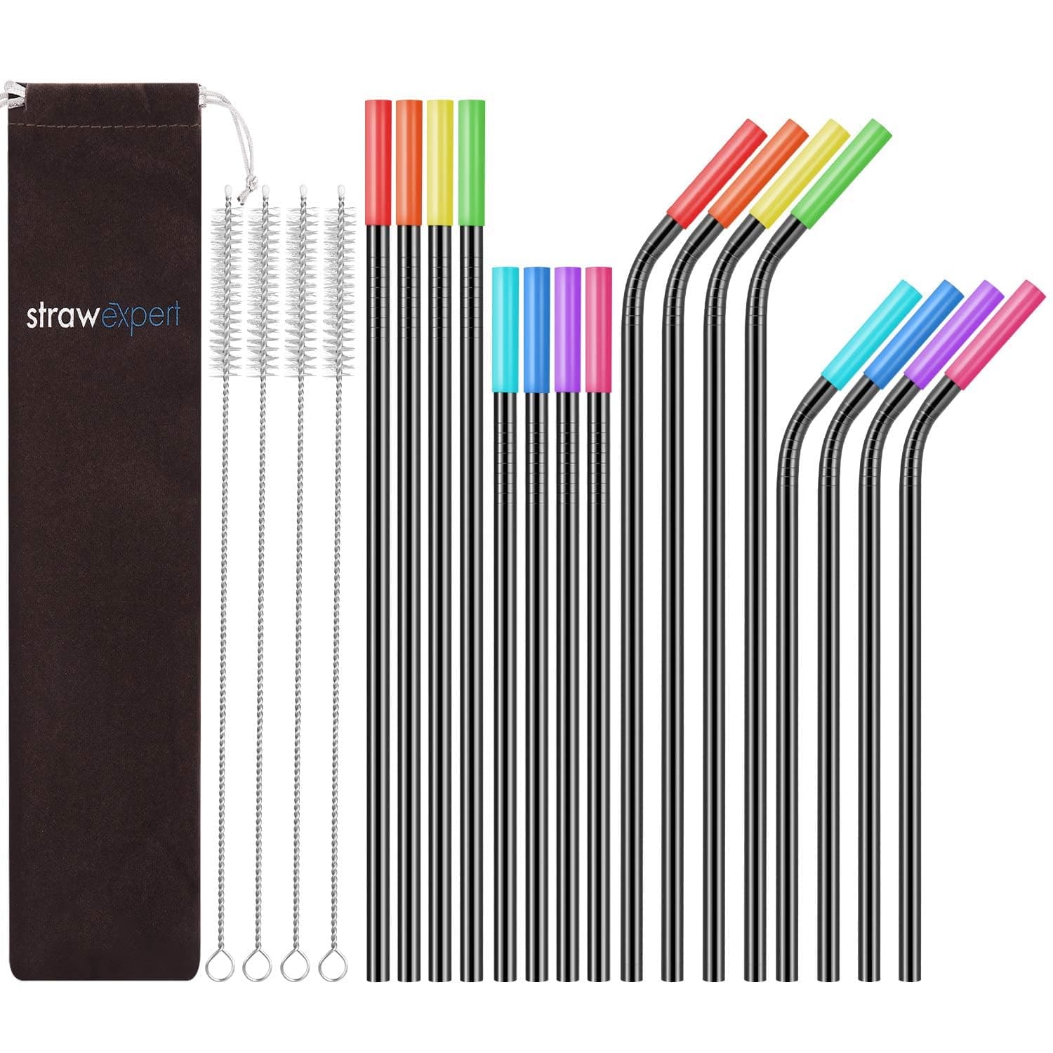 16 Pack Black Reusable Metal Straws with Silicone Tip & Travel Case & Cleaning Brush,Long Stainless Steel Straws Drinking Straw for 20 and 30 oz Tumbler