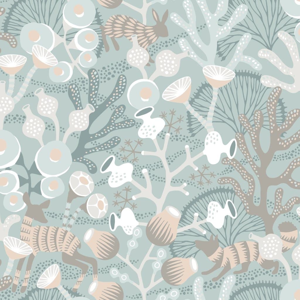 Hanna Werning Wonderland 1459 Non-Woven Wallpaper Coral Landscape with Forest Animals Colourful on Turquoise