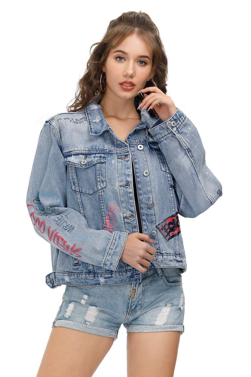 Dolcevida Women's Fashion Long Sleeves Jean Jacket Button Down Denim Coat for Teen Girls, Blue, X-Large