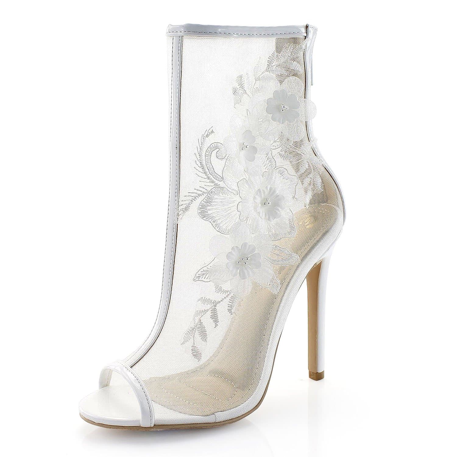 Women's Open Peep Toe Flower Sheer Mesh High Stiletto Heel Ankle Booties
