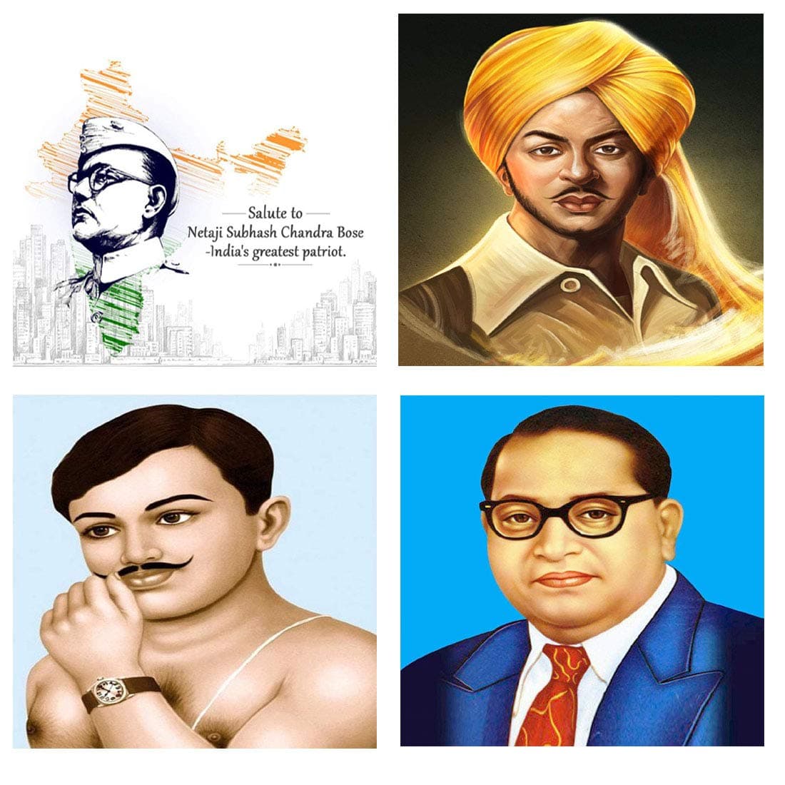 4 Pcs Combo Set Bhimrao Ambedkar Subash Chandra Bose Bhaghat Singh Chandra Shekhar Azad Fredom Fighter Wall Sticker for Home Décor and Office
